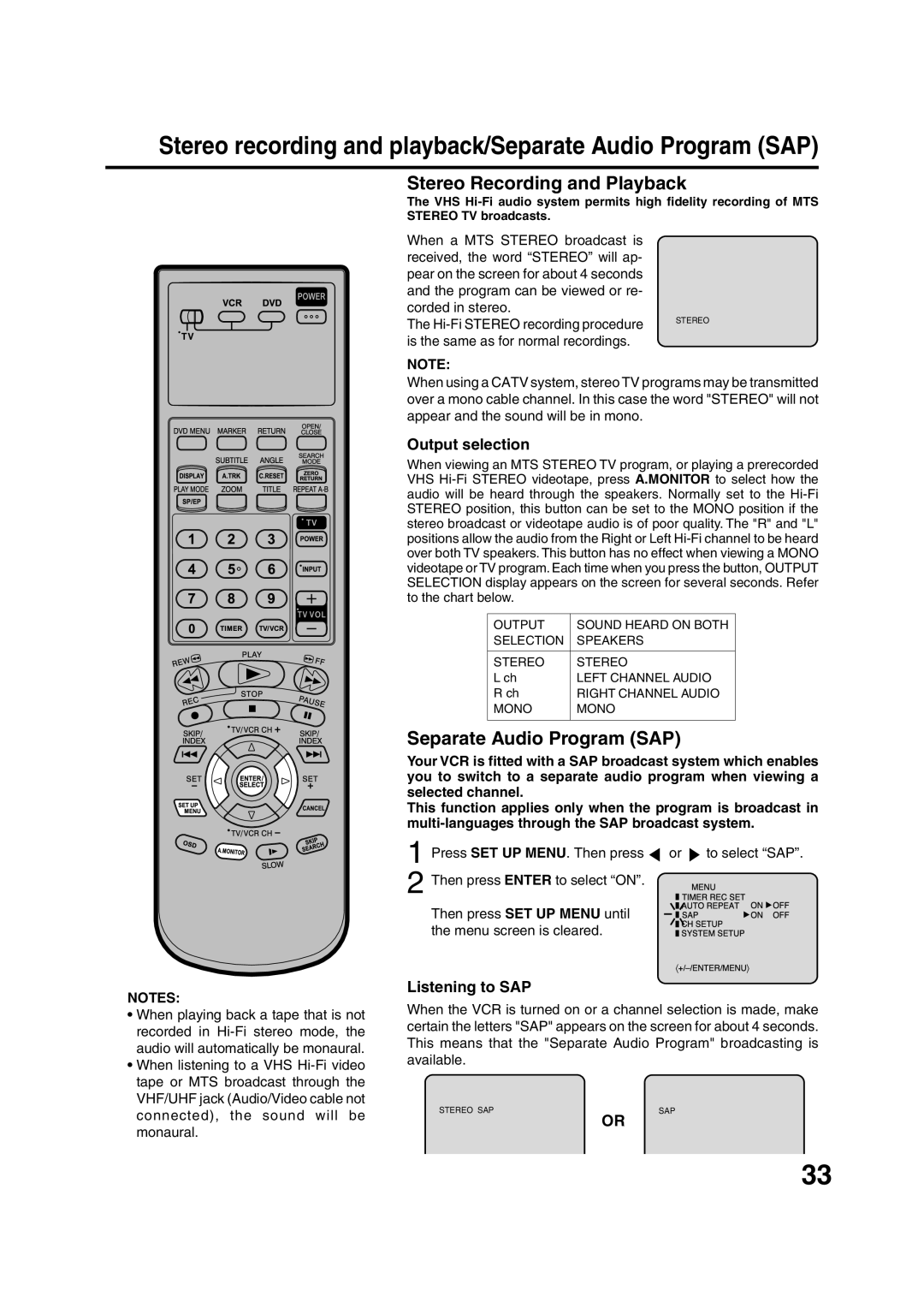 JVC HR-XVC15U manual Stereo Recording and Playback, Output selection 