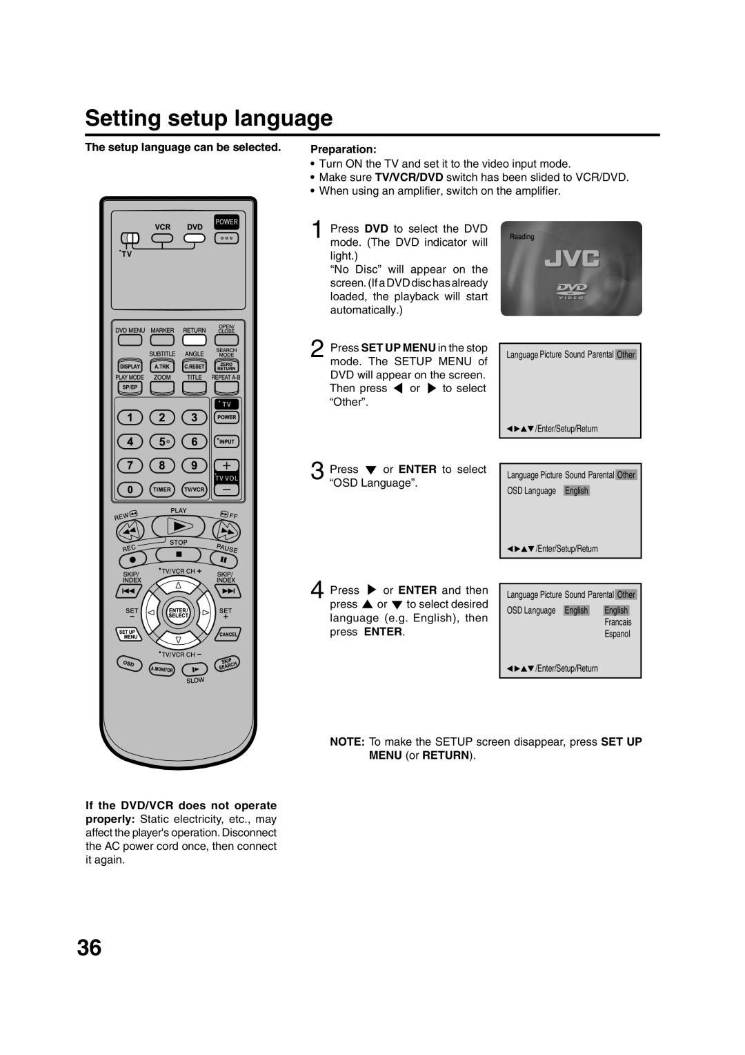 JVC HR-XVC15U manual Setting setup language, Setup language can be selected Preparation 