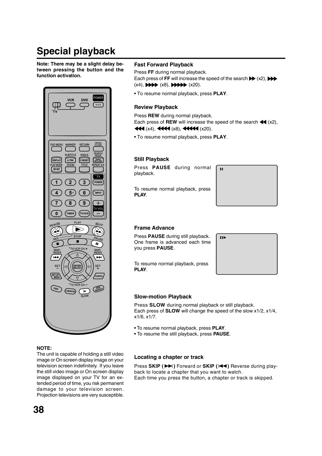 JVC HR-XVC15U manual Fast Forward Playback, Review Playback, Still Playback, Frame Advance, Slow-motion Playback 