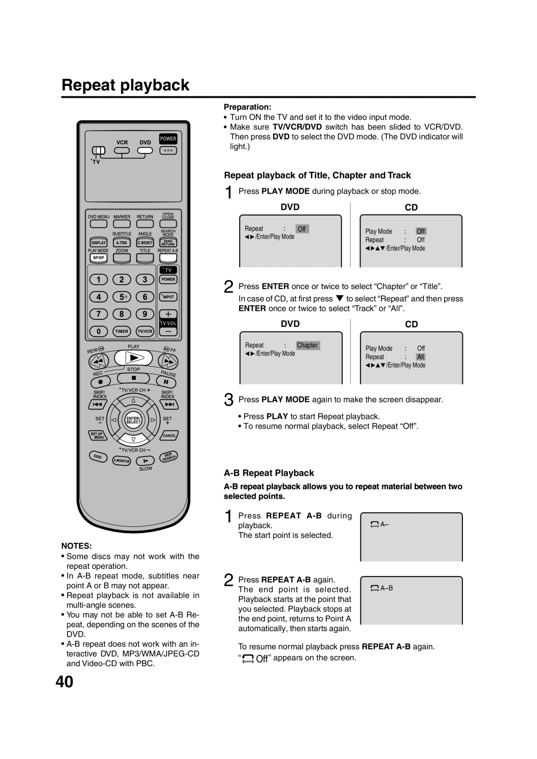 JVC HR-XVC15U manual Repeat playback of Title, Chapter and Track, Press Play Mode during playback or stop mode 