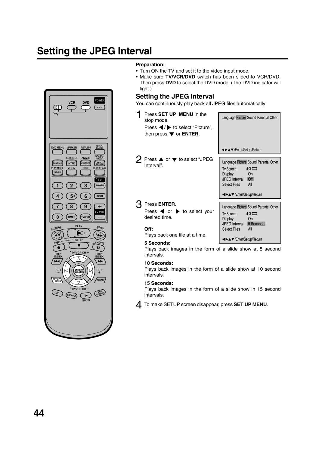 JVC HR-XVC15U manual Setting the Jpeg Interval, Or Enter, Off, Seconds 