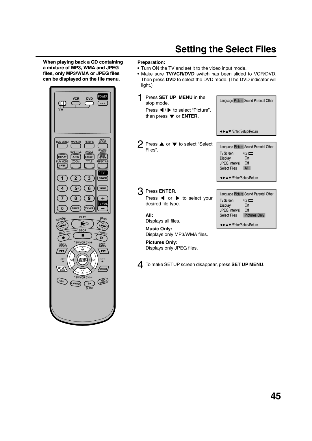 JVC HR-XVC15U manual Setting the Select Files, All, Music Only, Pictures Only 