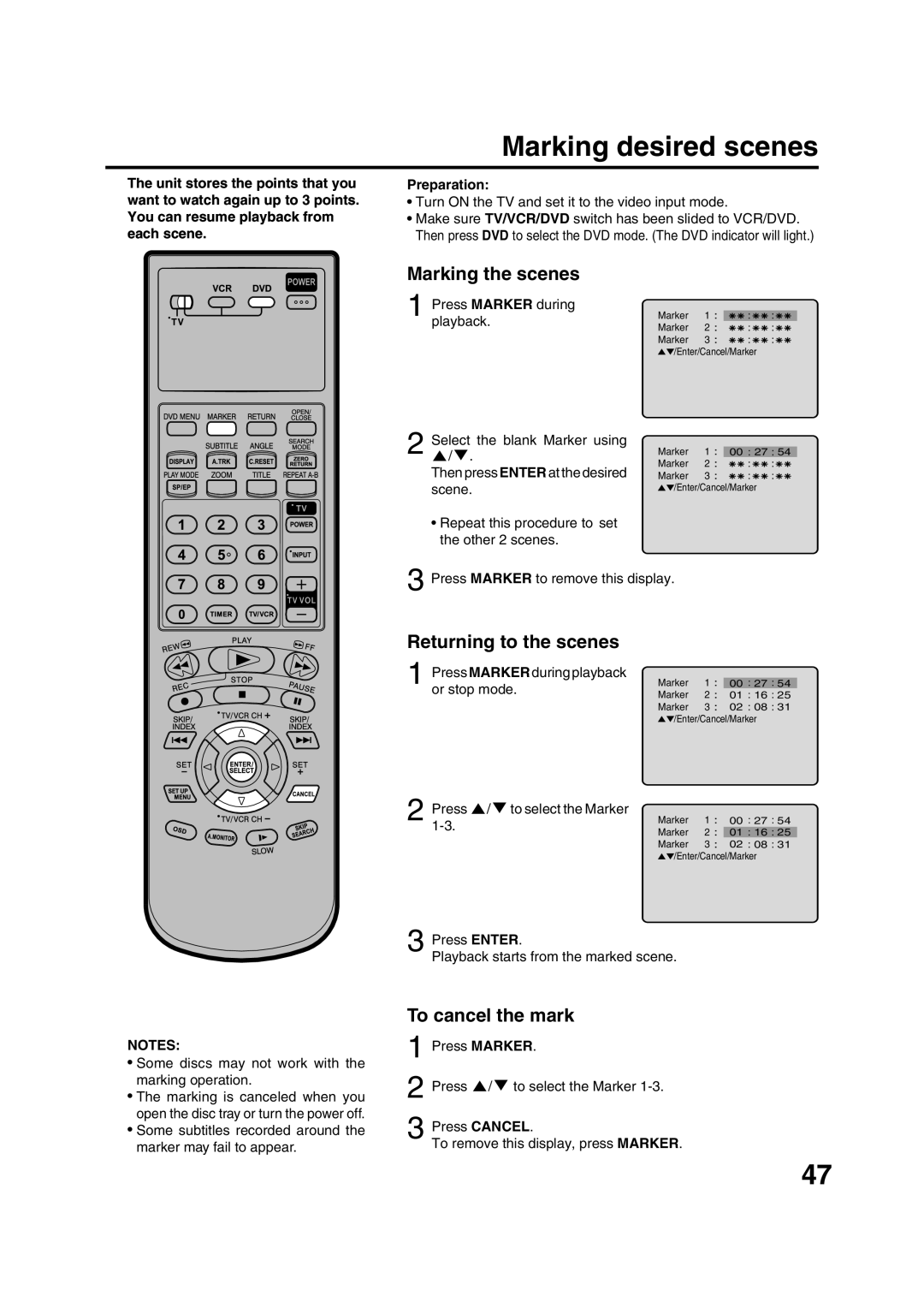 JVC HR-XVC15U manual Marking desired scenes, Marking the scenes, Returning to the scenes, To cancel the mark 