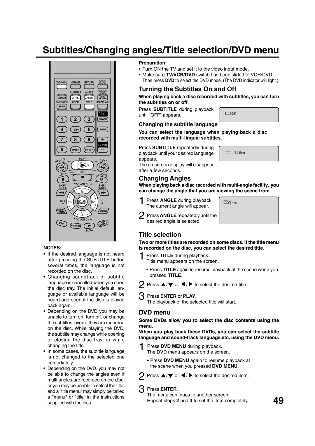 JVC HR-XVC15U manual Subtitles/Changing angles/Title selection/DVD menu, Turning the Subtitles On and Off 