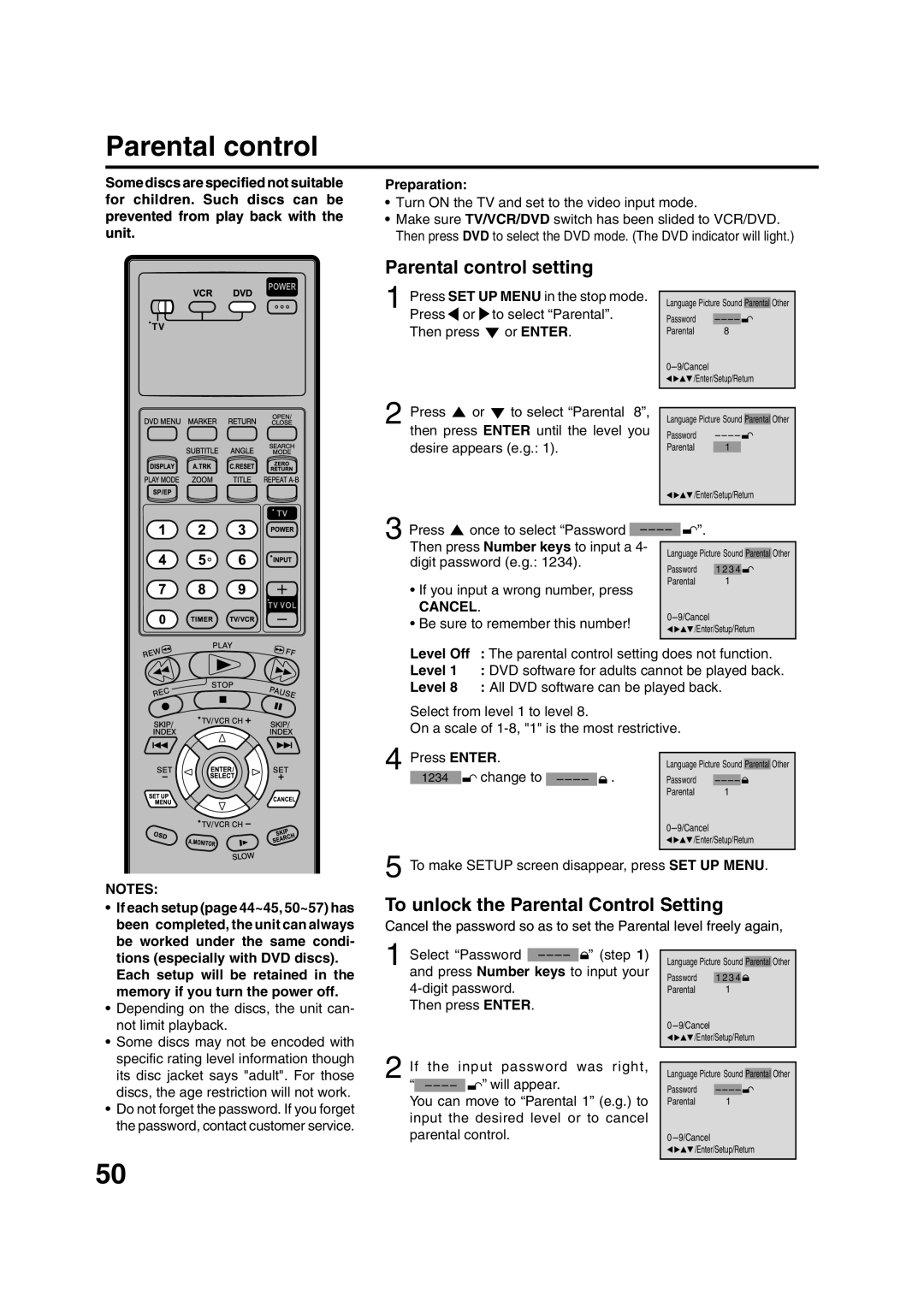 JVC HR-XVC15U manual Parental control setting, To unlock the Parental Control Setting, Cancel 