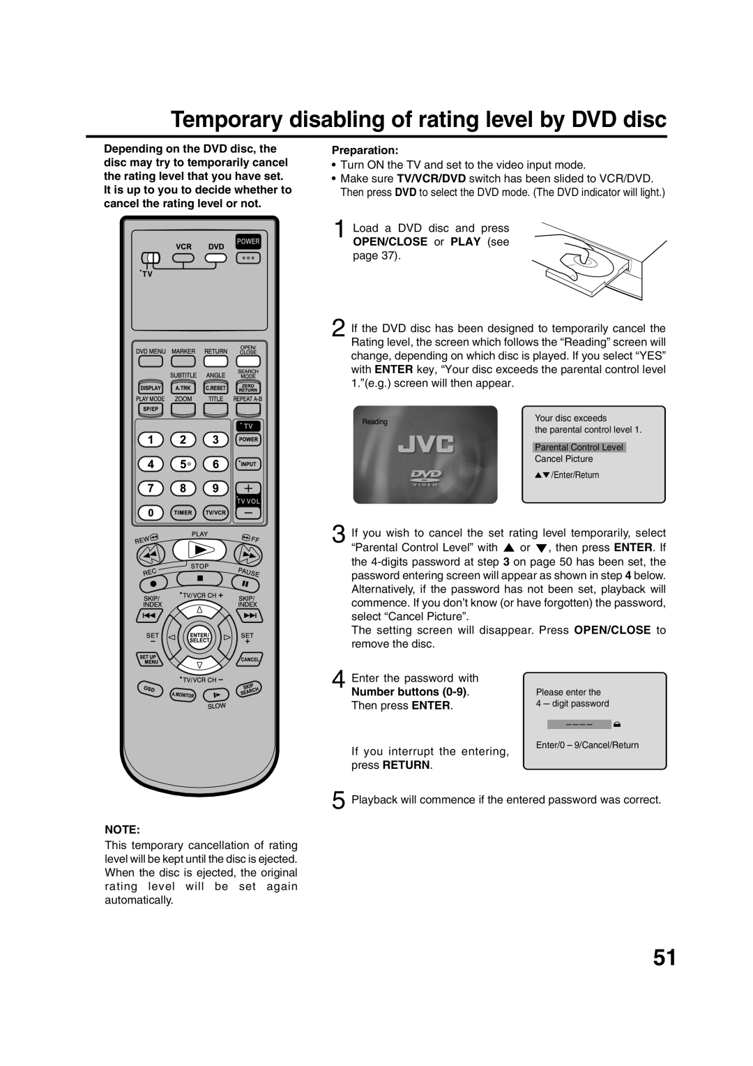 JVC HR-XVC15U manual Temporary disabling of rating level by DVD disc 