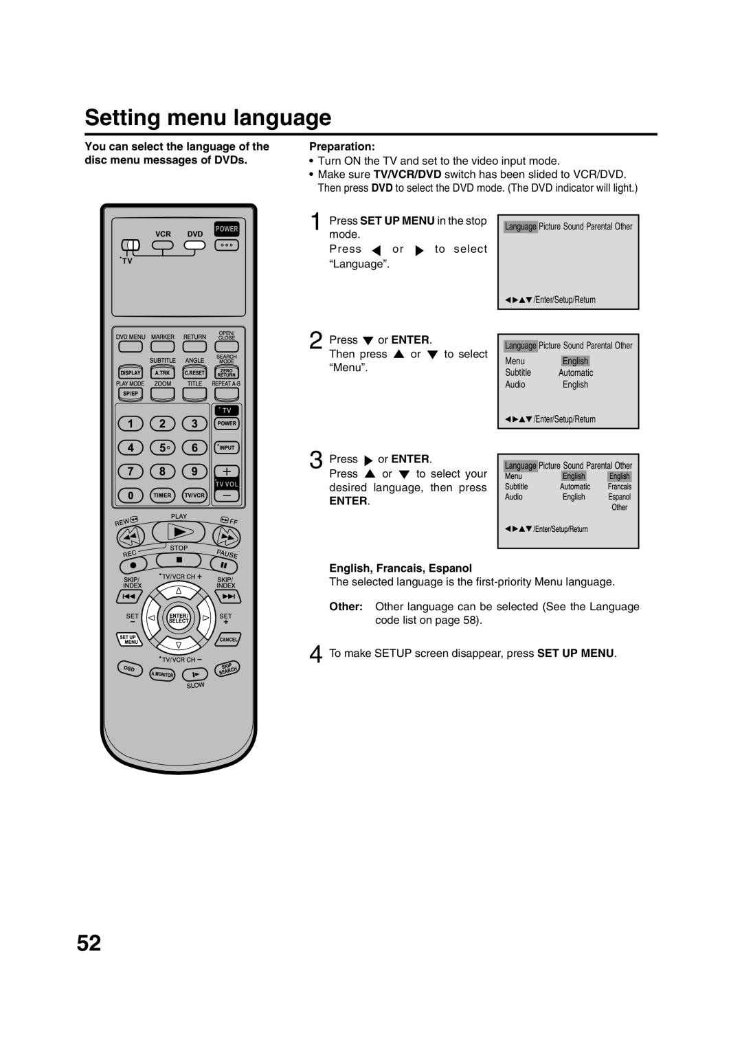 JVC HR-XVC15U manual Setting menu language, Press or Enter To select Then press Menu, English, Francais, Espanol 