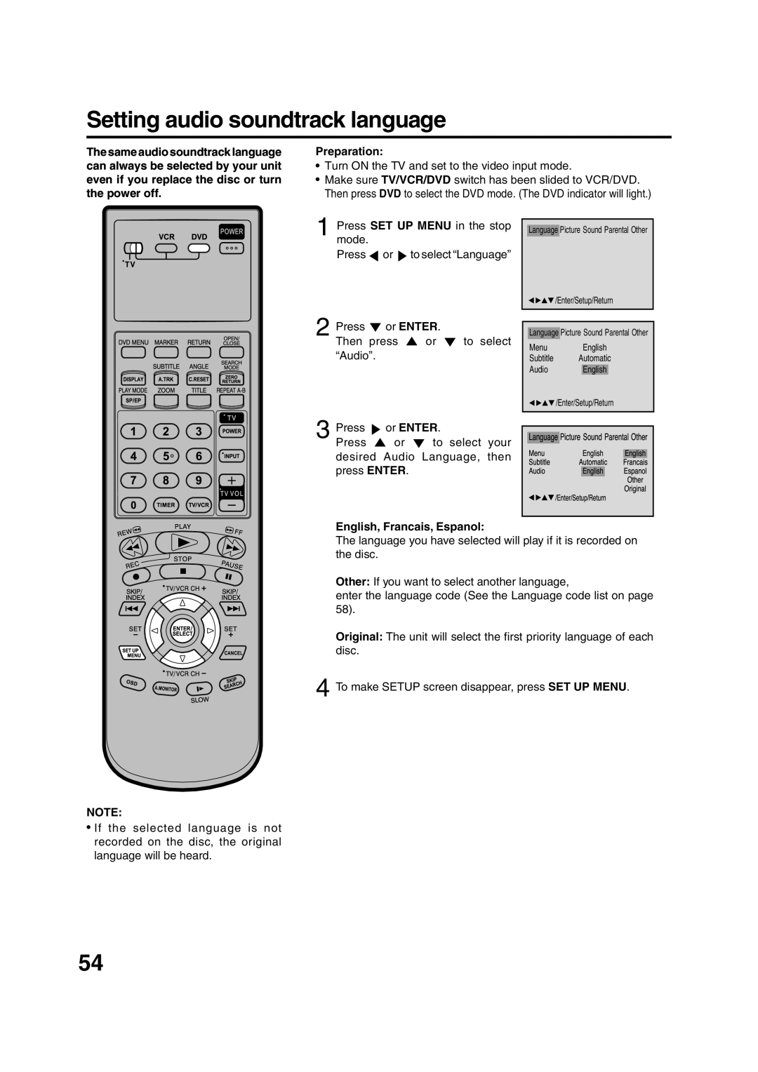 JVC HR-XVC15U manual Setting audio soundtrack language, Then Press Audio, Your 