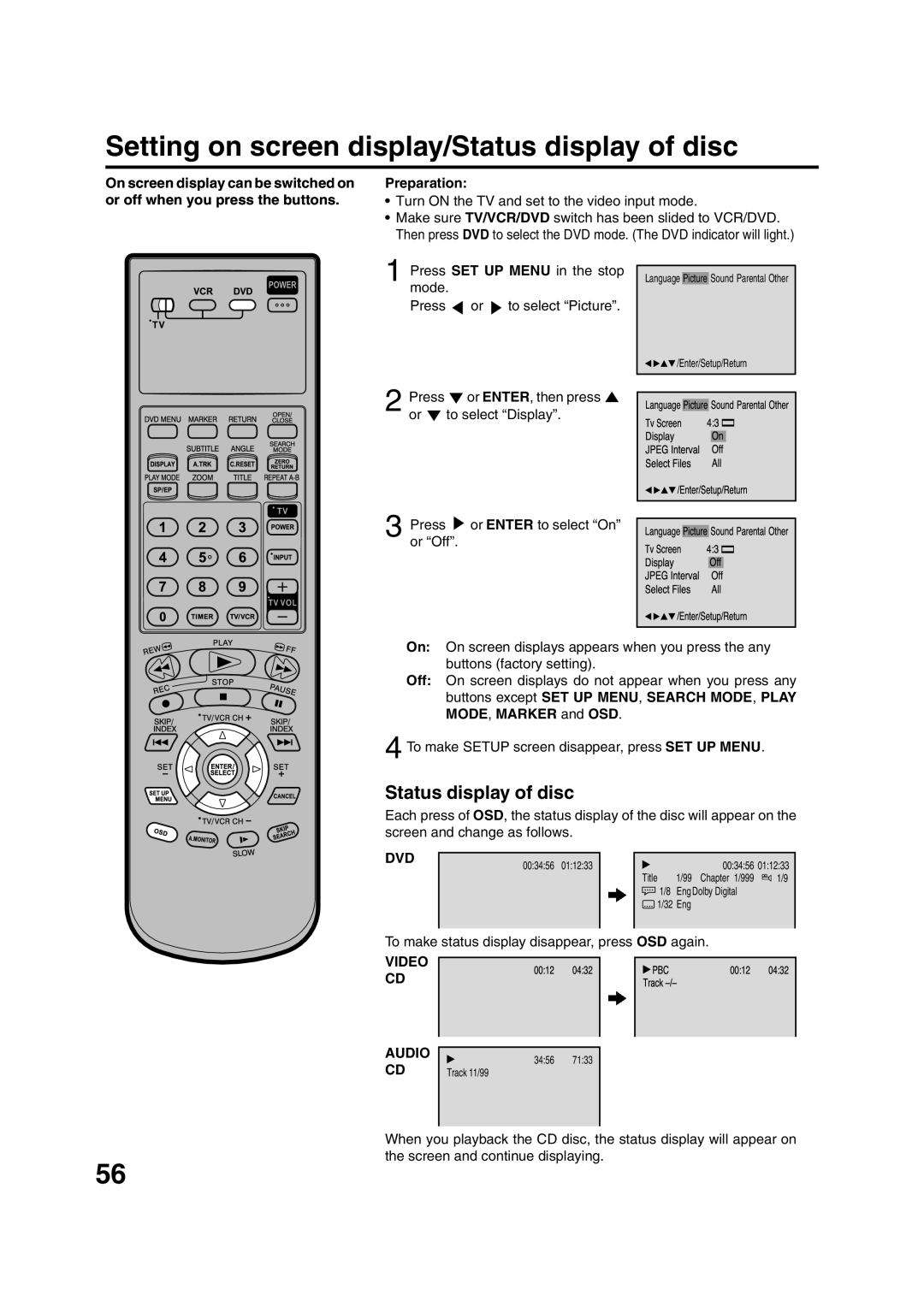 JVC HR-XVC15U manual Setting on screen display/Status display of disc, Dvd, Video Audio 