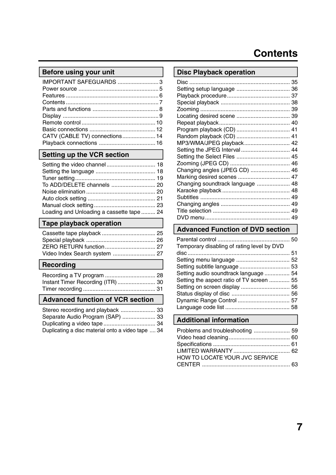 JVC HR-XVC15U manual Contents 