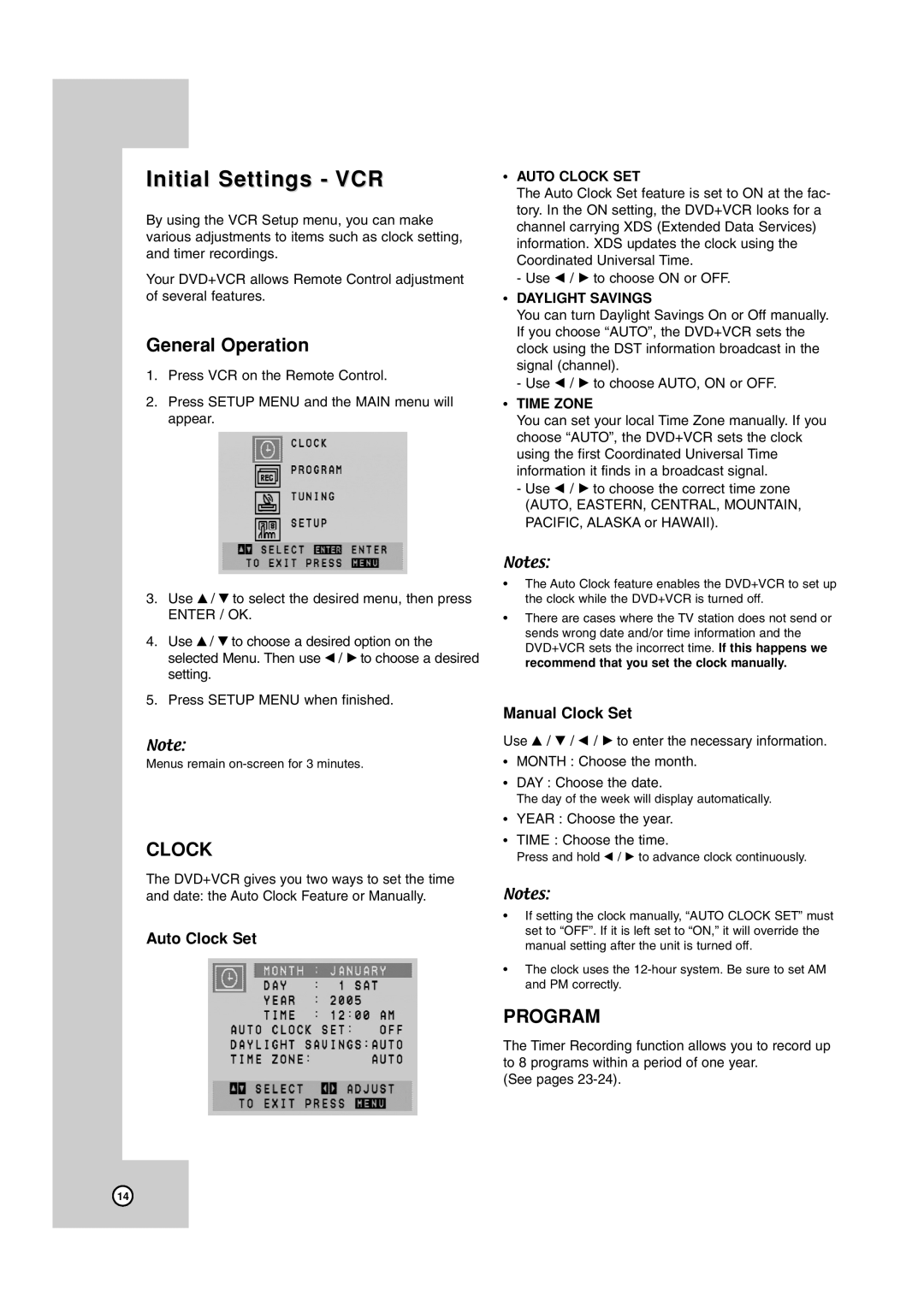 JVC HR-XVC17SU manual Initial Settings VCR, General Operation, Clock, Program 