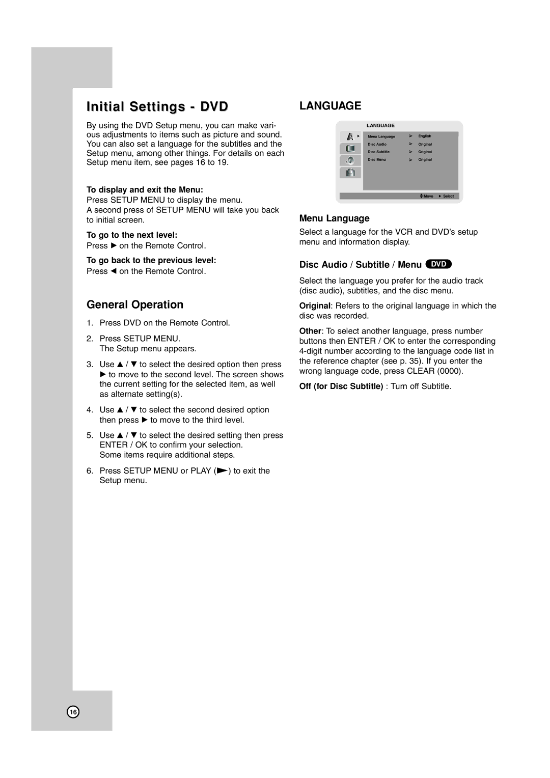 JVC HR-XVC17SU manual Initial Settings DVD, Menu Language, Disc Audio / Subtitle / Menu DVD 