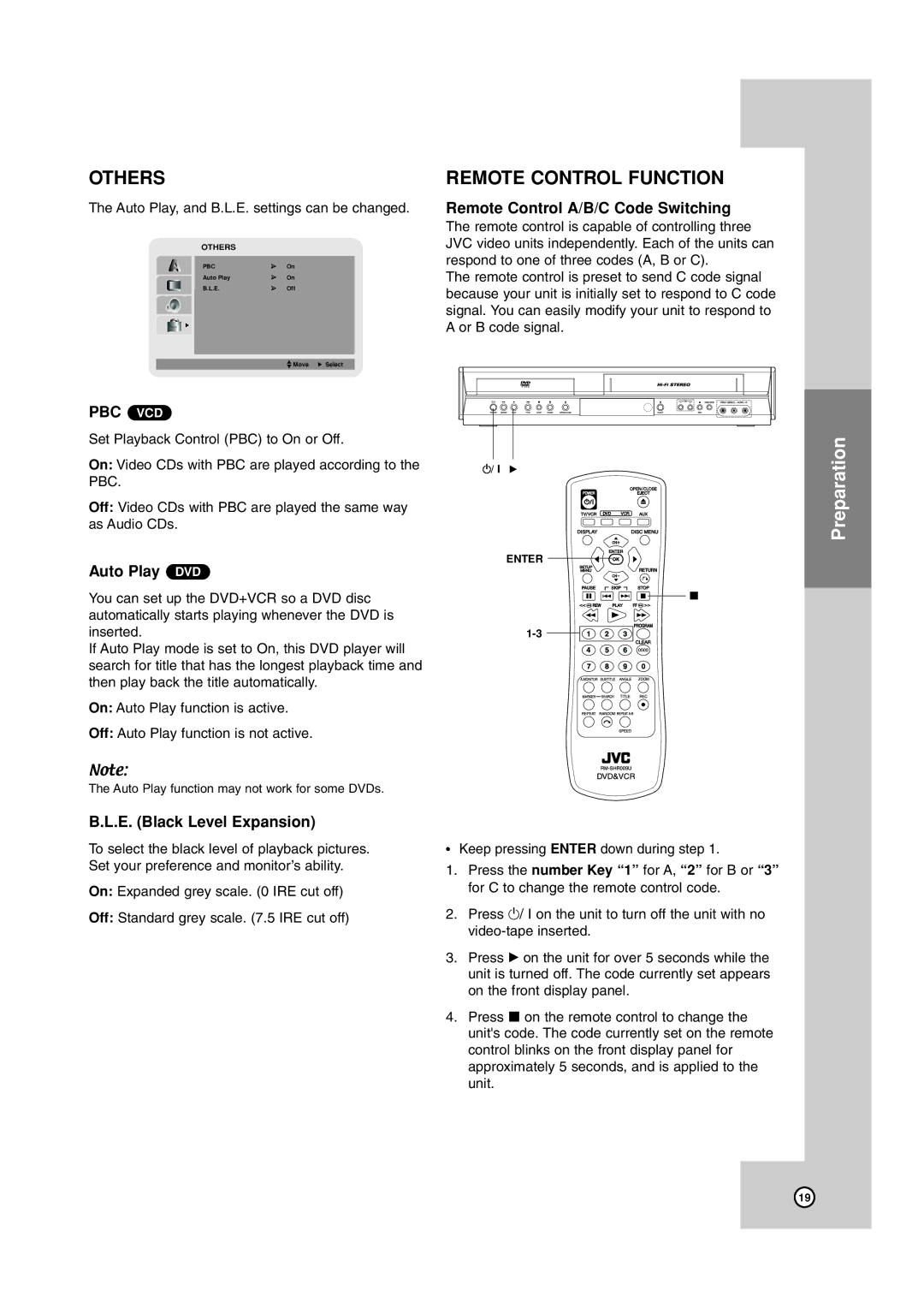 JVC HR-XVC17SU manual Others, Remote Control Function, Auto Play DVD, E. Black Level Expansion 