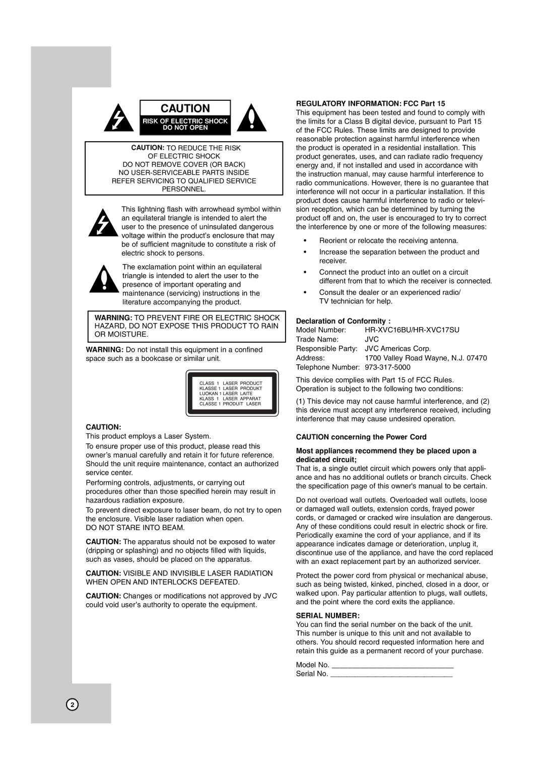 JVC HR-XVC17SU manual Serial Number 