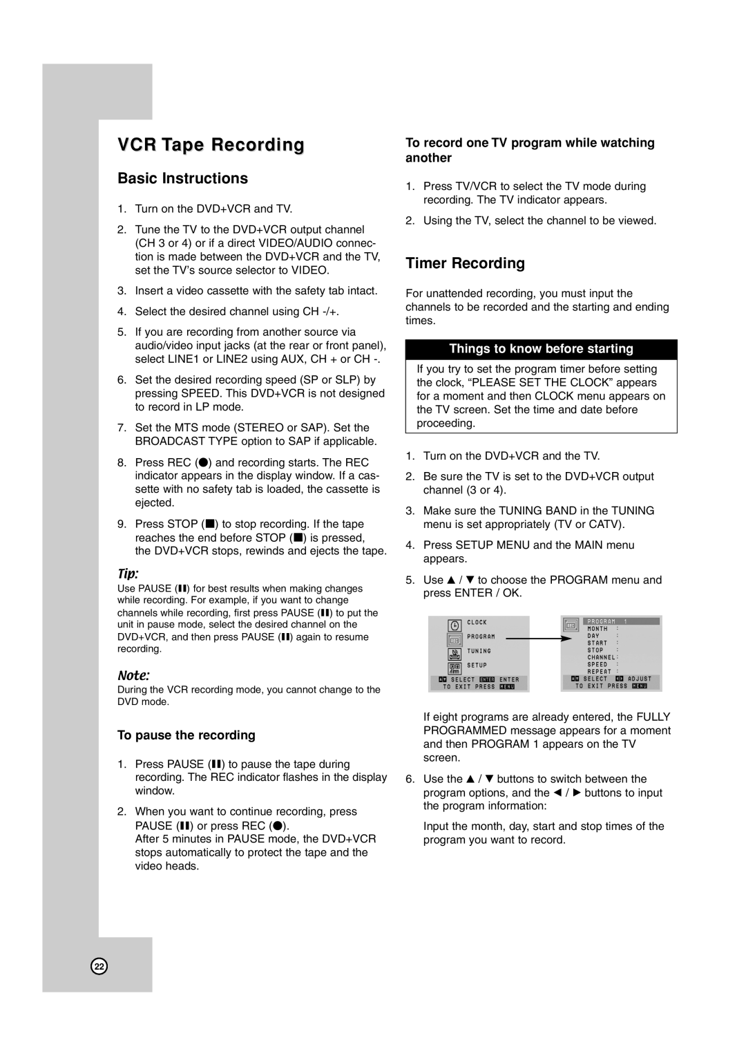 JVC HR-XVC17SU manual VCR Tape Recording, Basic Instructions, Timer Recording, To pause the recording 