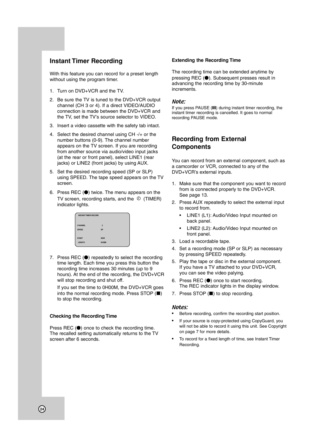 JVC HR-XVC17SU manual Instant Timer Recording, Recording from External Components, Checking the Recording Time 