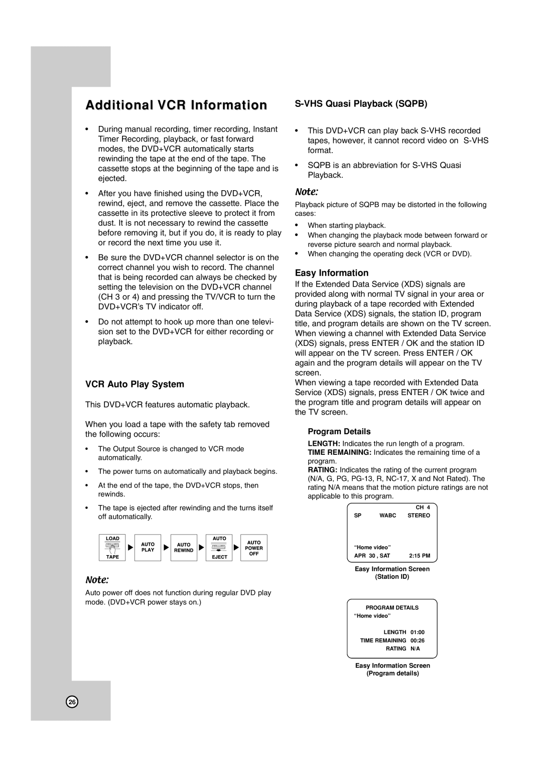 JVC HR-XVC17SU manual Additional VCR Information, VCR Auto Play System, VHS Quasi Playback Sqpb, Easy Information 