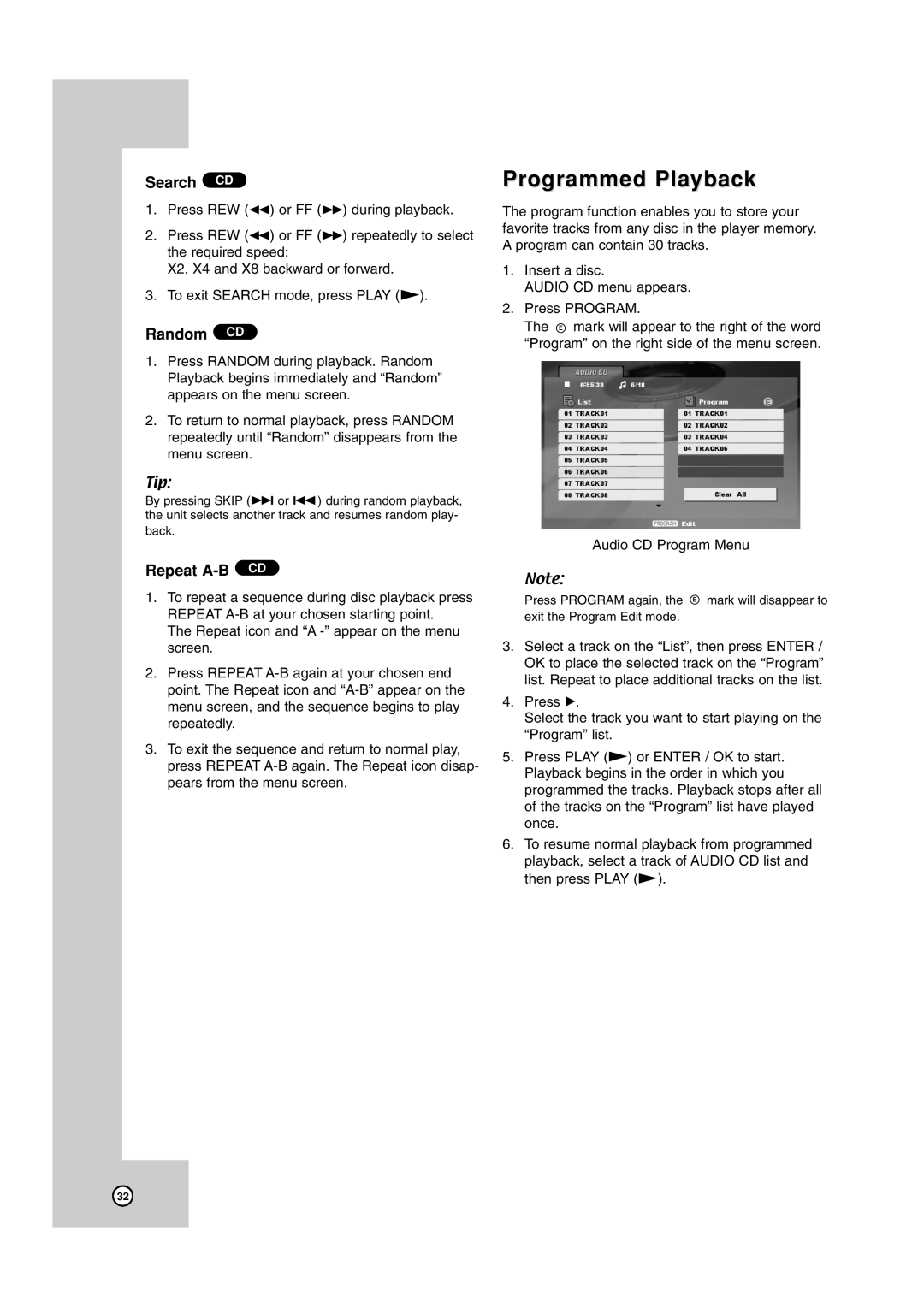 JVC HR-XVC17SU manual Programmed Playback, Search CD, Random CD, Repeat A-B CD 