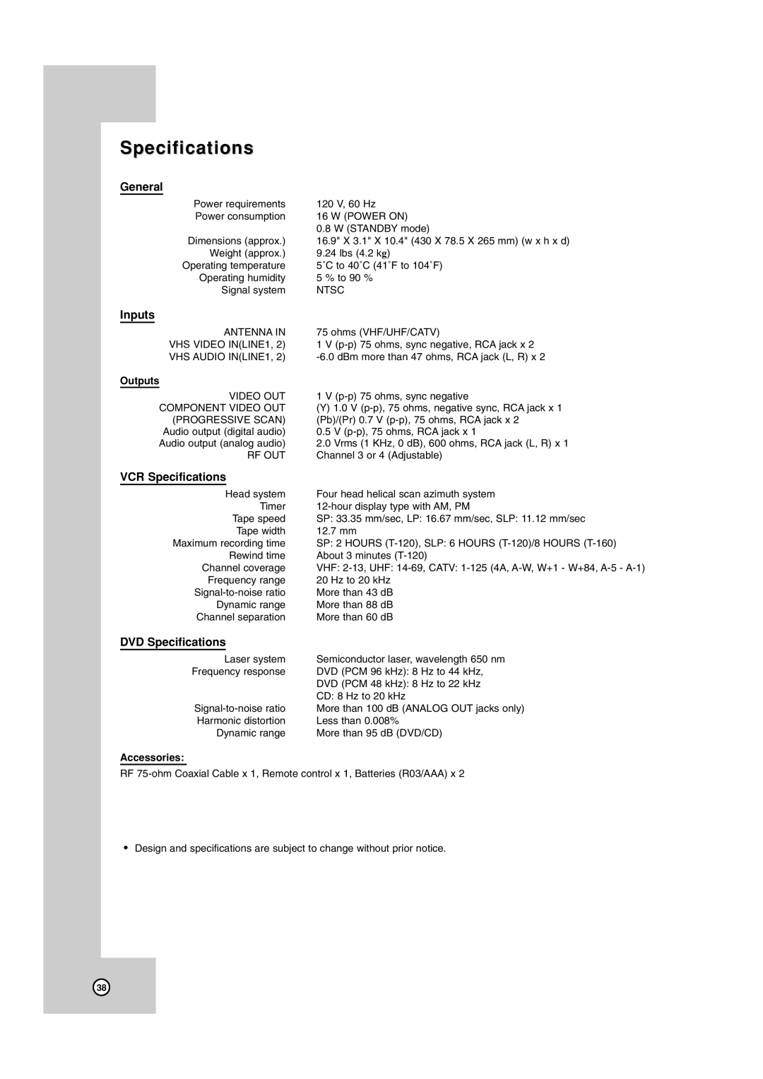 JVC HR-XVC17SU manual General, Inputs, VCR Specifications, DVD Specifications 