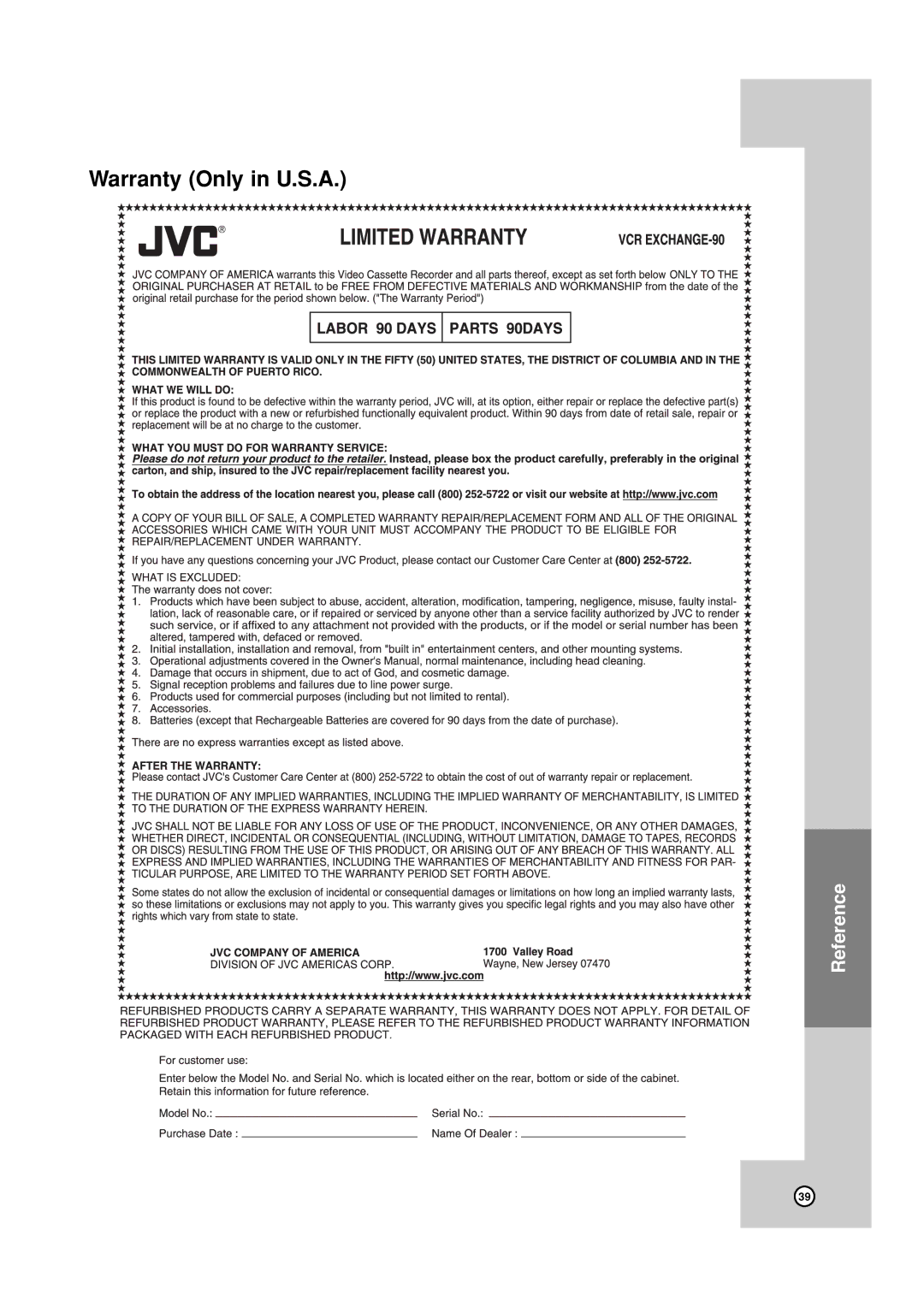 JVC HR-XVC17SU manual Warranty Only in U.S.A 