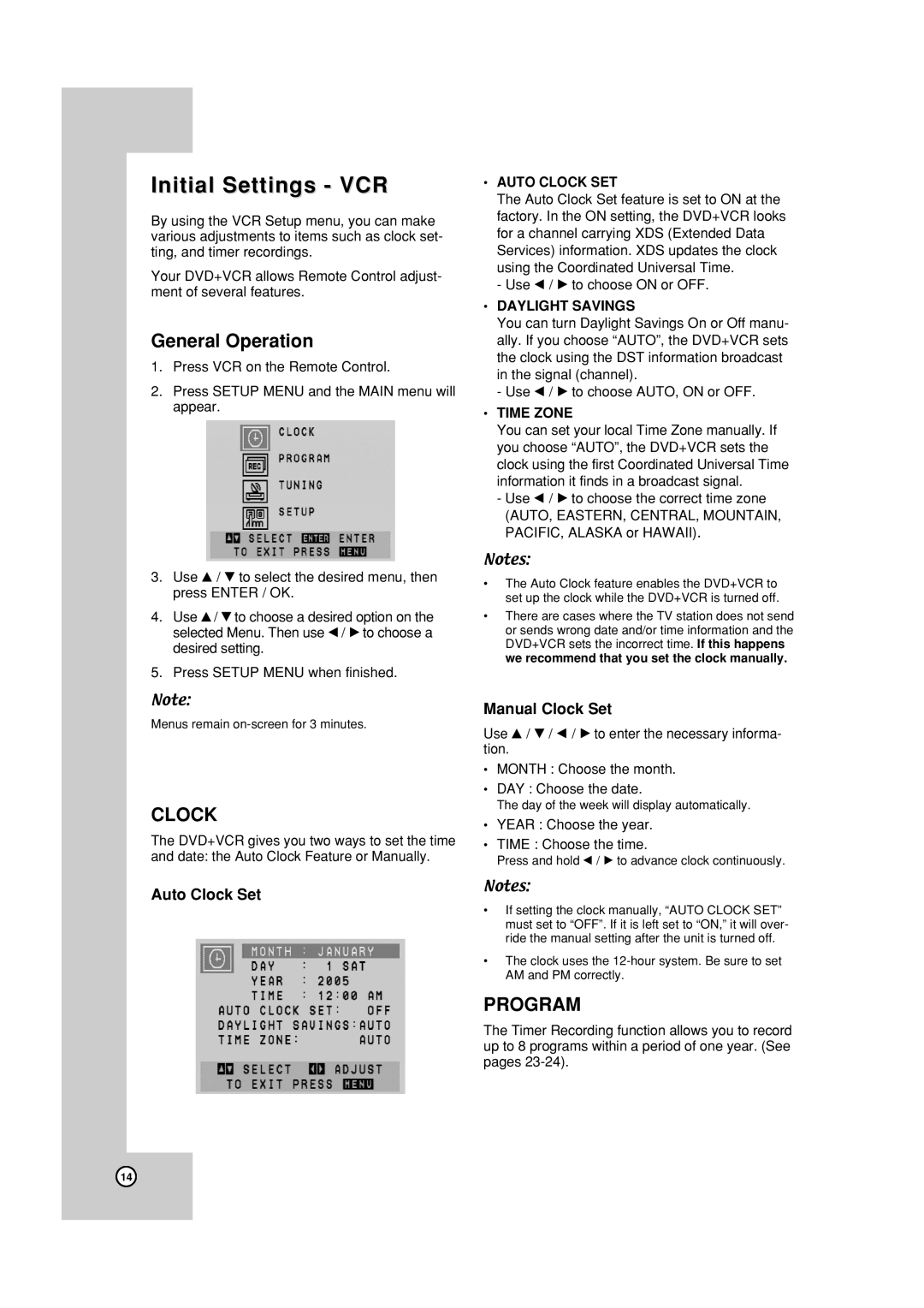 JVC HR-XVC19BUS manual Initial Settings VCR, General Operation, Clock, Program 