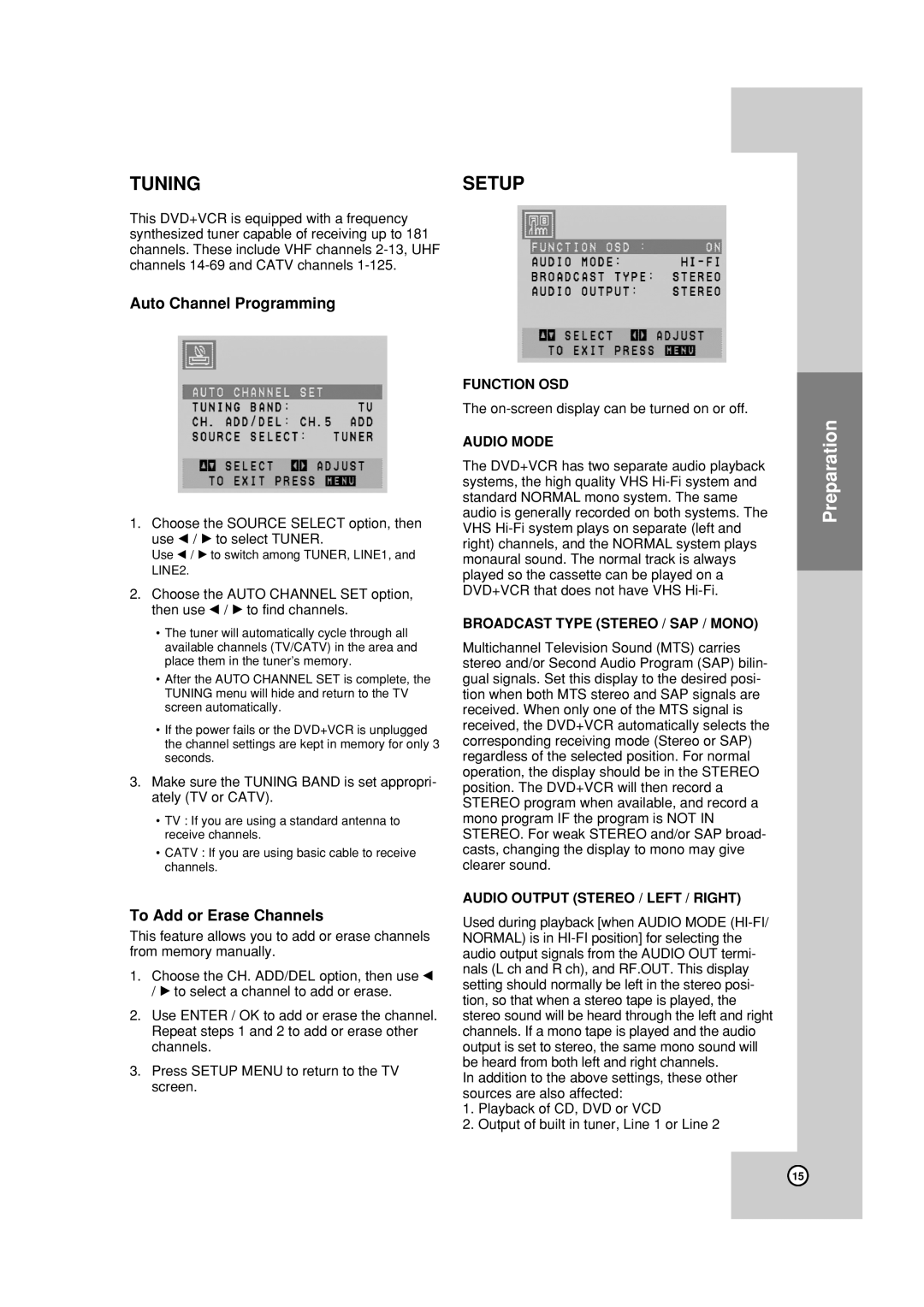 JVC HR-XVC19BUS manual Tuning, Setup, Auto Channel Programming, To Add or Erase Channels 