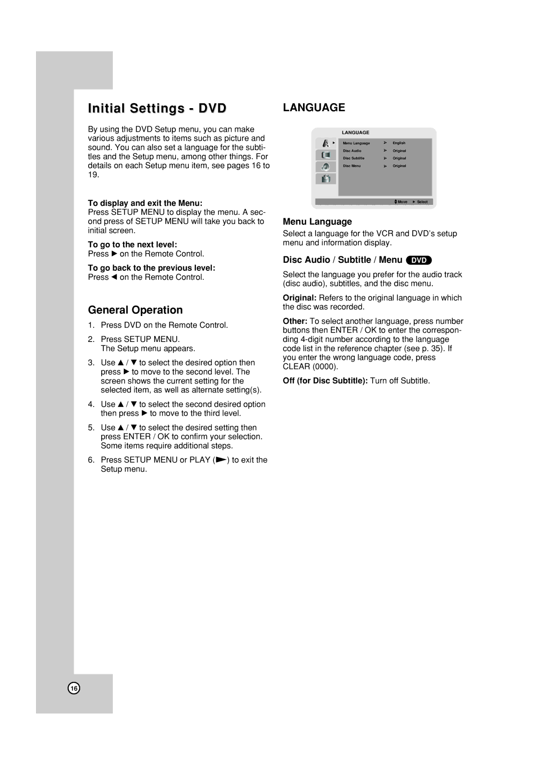 JVC HR-XVC19BUS manual Initial Settings DVD, Menu Language, Disc Audio / Subtitle / Menu DVD 