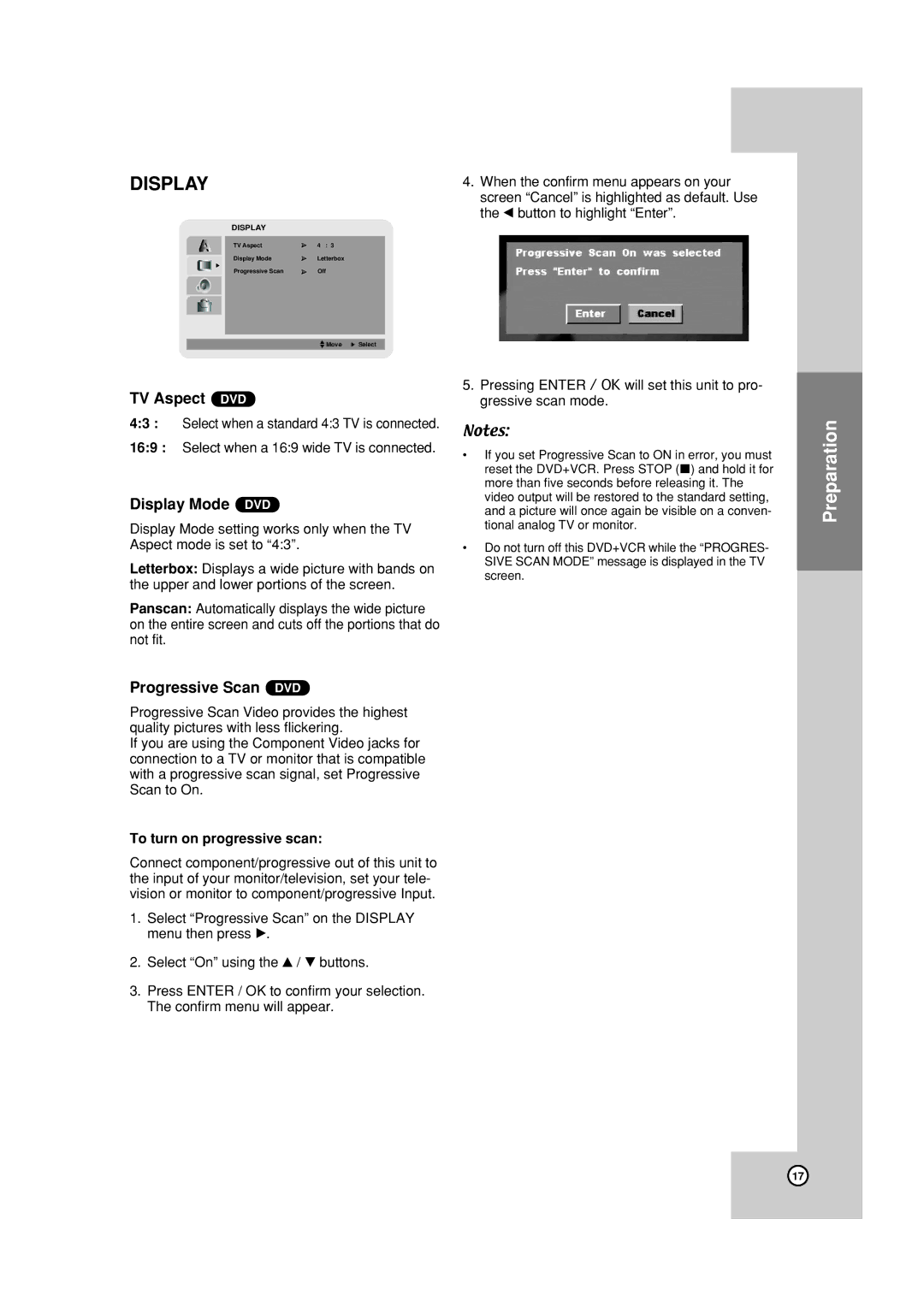 JVC HR-XVC19BUS manual TV Aspect DVD, Display Mode DVD, Progressive Scan DVD, To turn on progressive scan 