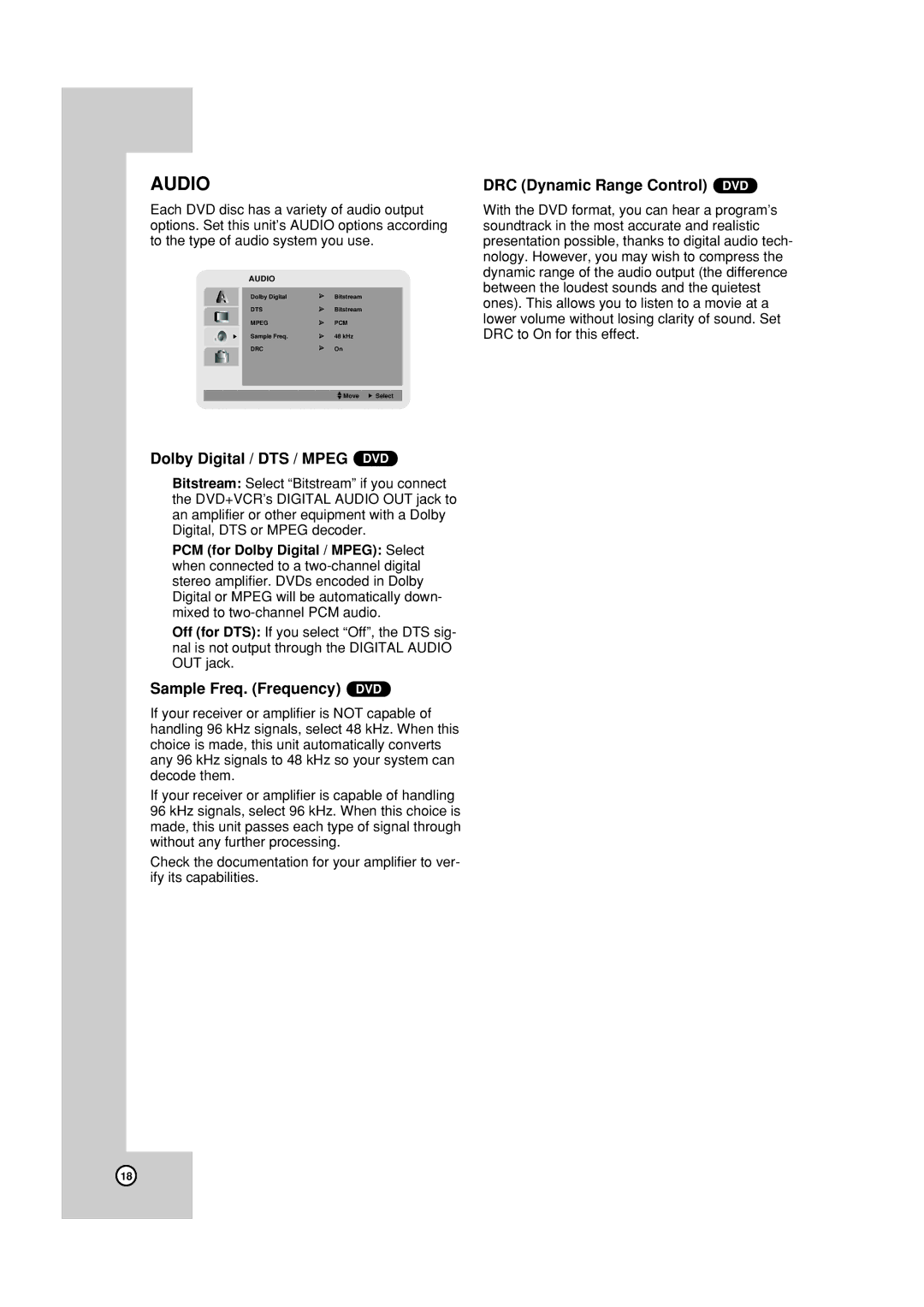 JVC HR-XVC19BUS manual Audio, Dolby Digital / DTS / Mpeg DVD, Sample Freq. Frequency DVD, DRC Dynamic Range Control DVD 