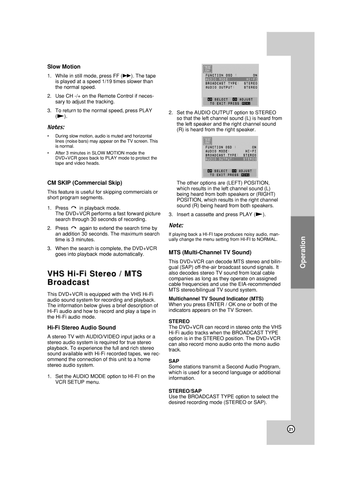 JVC HR-XVC19BUS manual VHS Hi-Fi Stereo / MTS Broadcast, Slow Motion, CM Skip Commercial Skip, Hi-Fi Stereo Audio Sound 