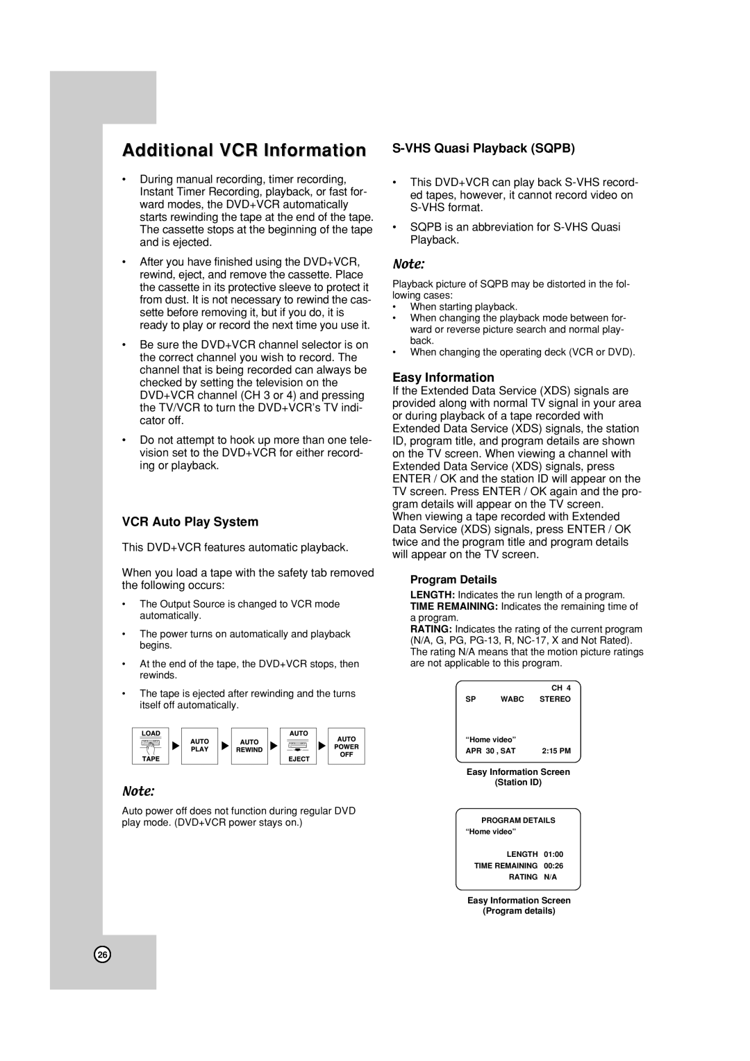 JVC HR-XVC19BUS manual Additional VCR Information, VCR Auto Play System, VHS Quasi Playback Sqpb, Easy Information 