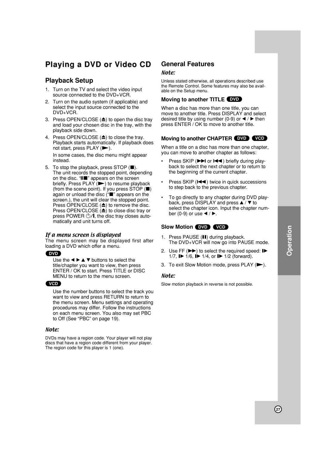 JVC HR-XVC19BUS manual Playing a DVD or Video CD, Playback Setup, General Features 