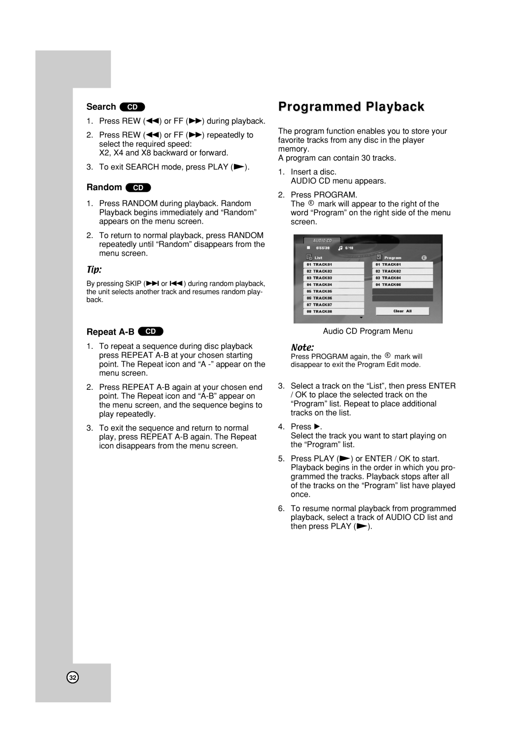 JVC HR-XVC19BUS manual Programmed Playback, Search CD, Random CD, Repeat A-B CD 