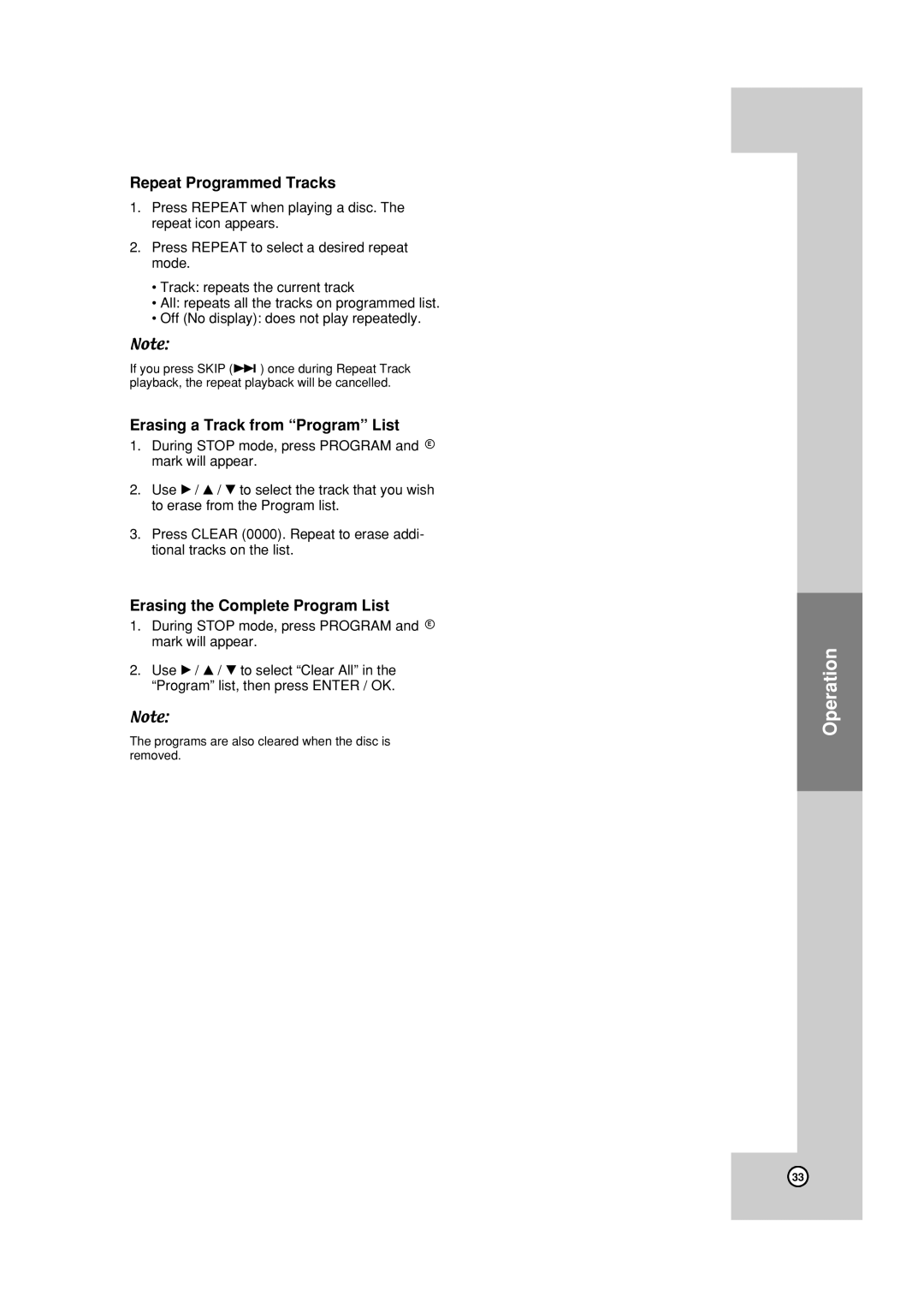 JVC HR-XVC19BUS manual Repeat Programmed Tracks, Erasing a Track from Program List, Erasing the Complete Program List 