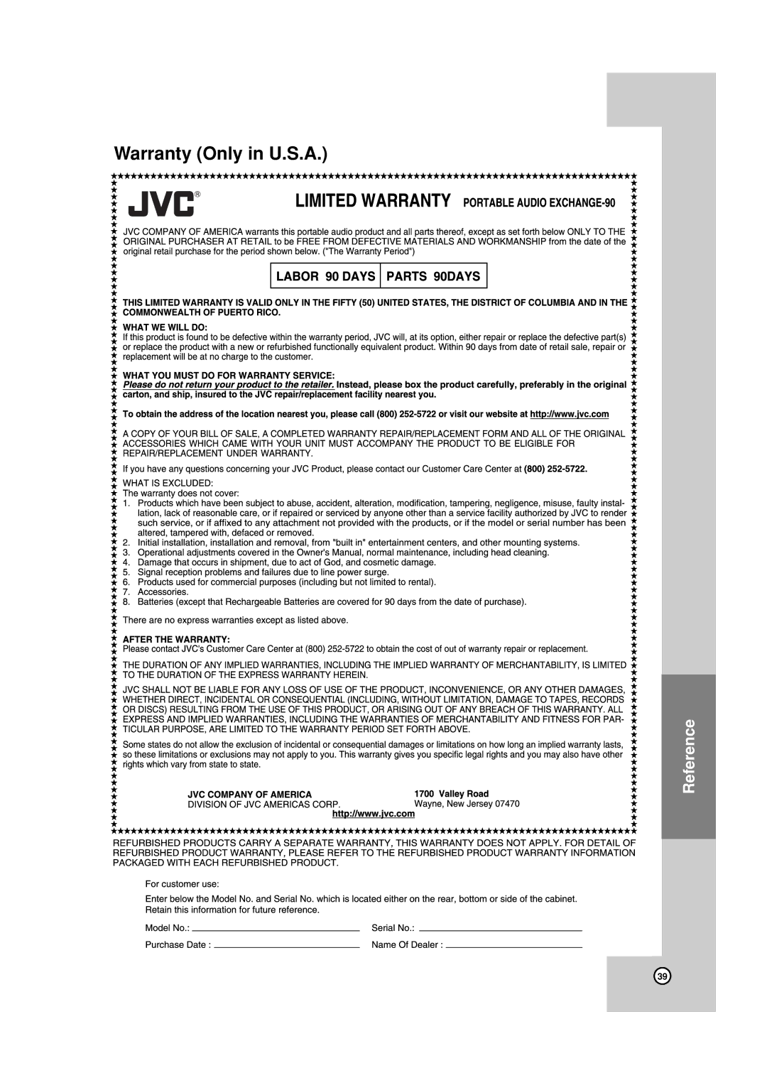 JVC HR-XVC19BUS manual Warranty Only in U.S.A 