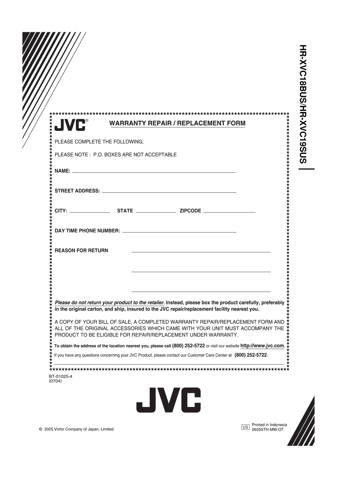 JVC HR-XVC19BUS manual HR-XVC18BUS/HR-XVC19SUS 