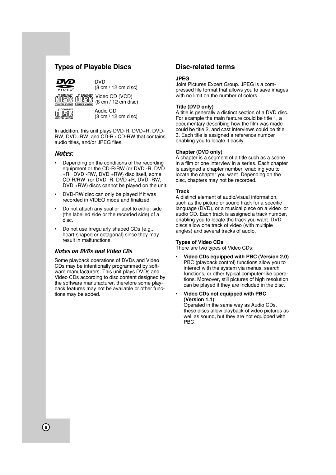 JVC HR-XVC19BUS manual Types of Playable Discs, Disc-related terms 