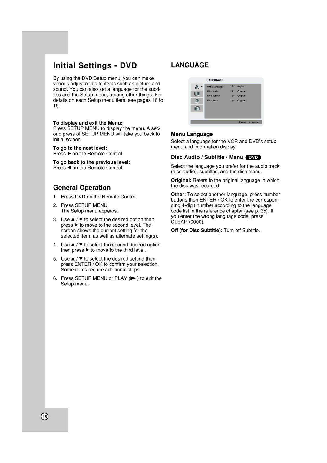 JVC HR-XVC19SUS, HR-XVC18BUS manual Initial Settings DVD, Menu Language, Disc Audio / Subtitle / Menu DVD 