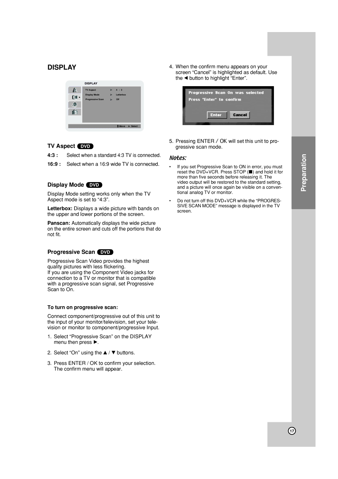 JVC HR-XVC18BUS, HR-XVC19SUS manual TV Aspect DVD, Display Mode DVD, Progressive Scan DVD, To turn on progressive scan 