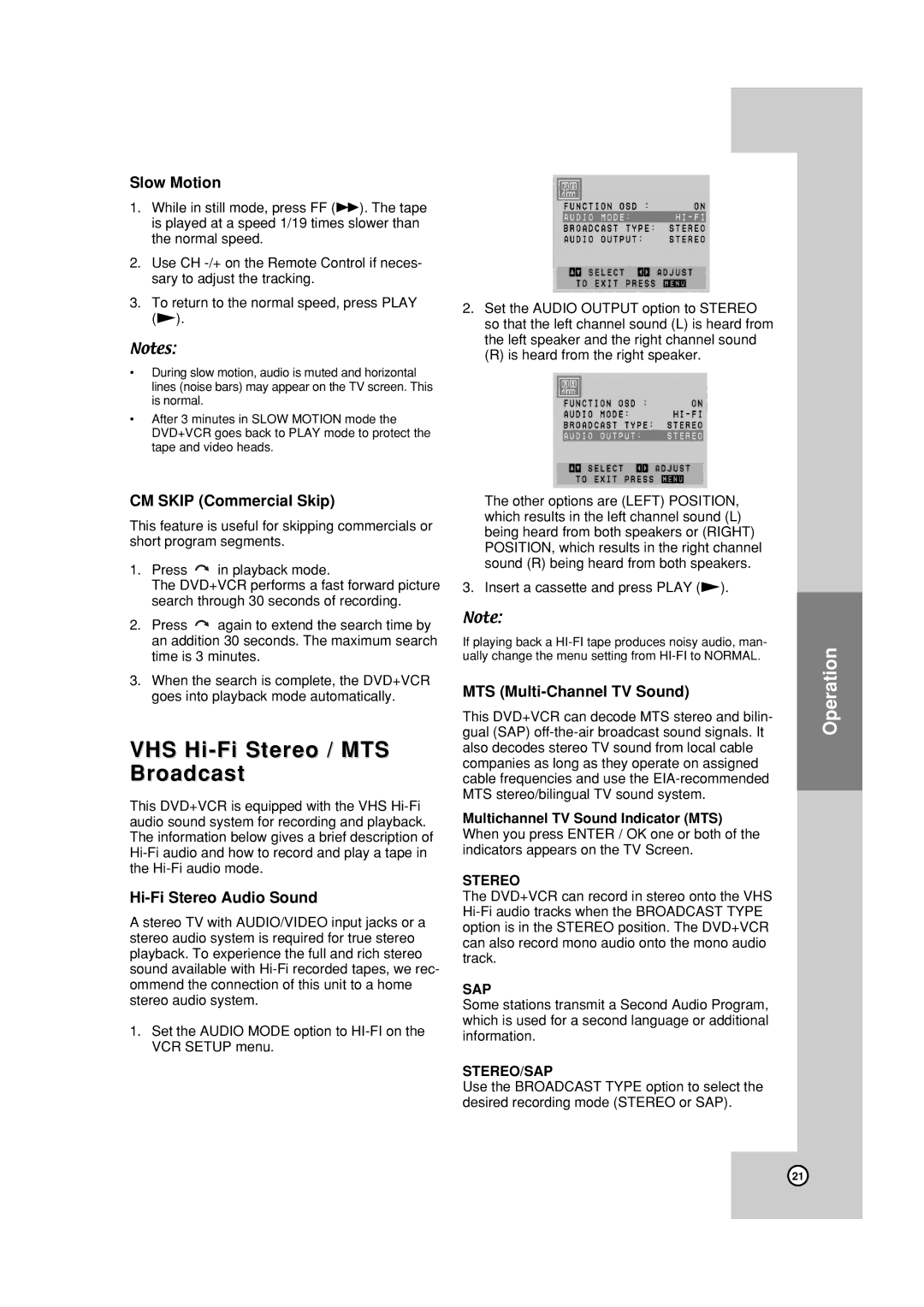 JVC HR-XVC18BUS manual VHS Hi-Fi Stereo / MTS Broadcast, Slow Motion, CM Skip Commercial Skip, Hi-Fi Stereo Audio Sound 