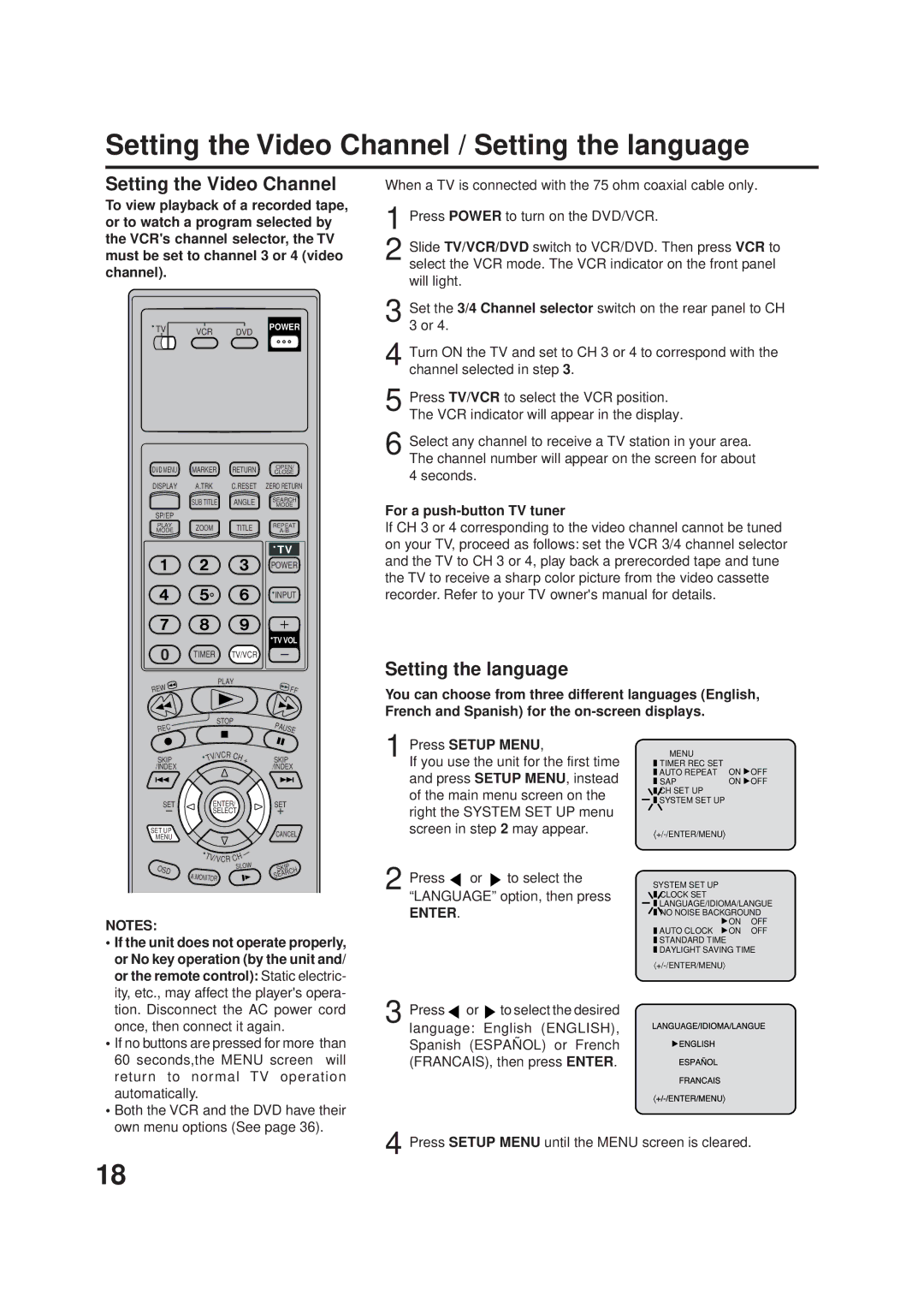 JVC HR-XVC1U manual Setting the Video Channel / Setting the language, Enter 