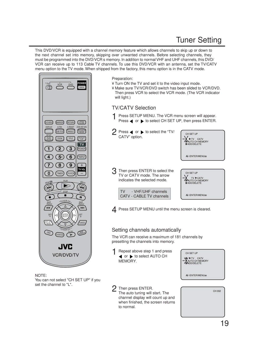 JVC HR-XVC1U manual Tuner Setting, Turn on the TV and set it to the video input mode, Memory 