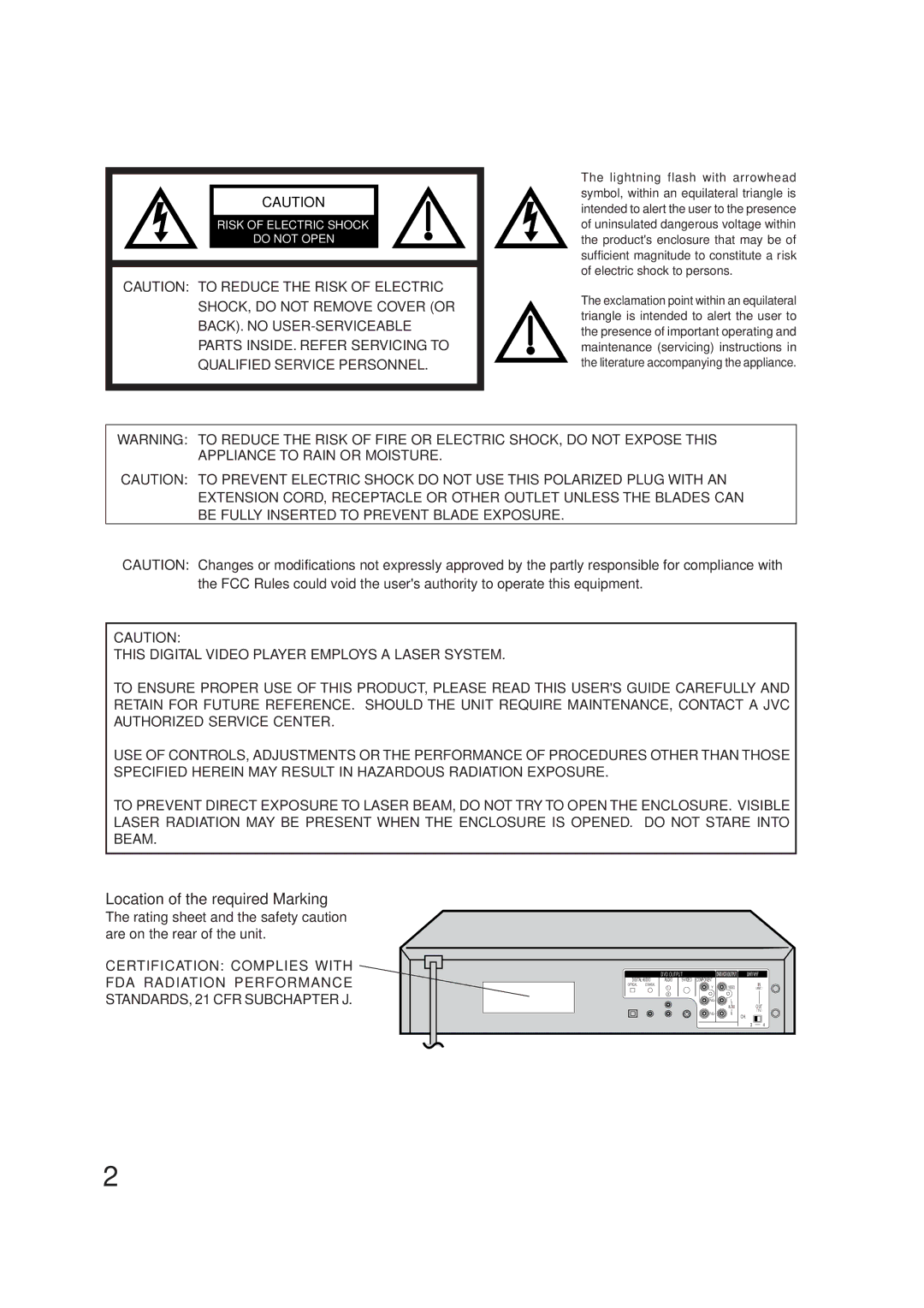 JVC HR-XVC1U manual Location of the required Marking, Risk of Electric Shock Do not Open 