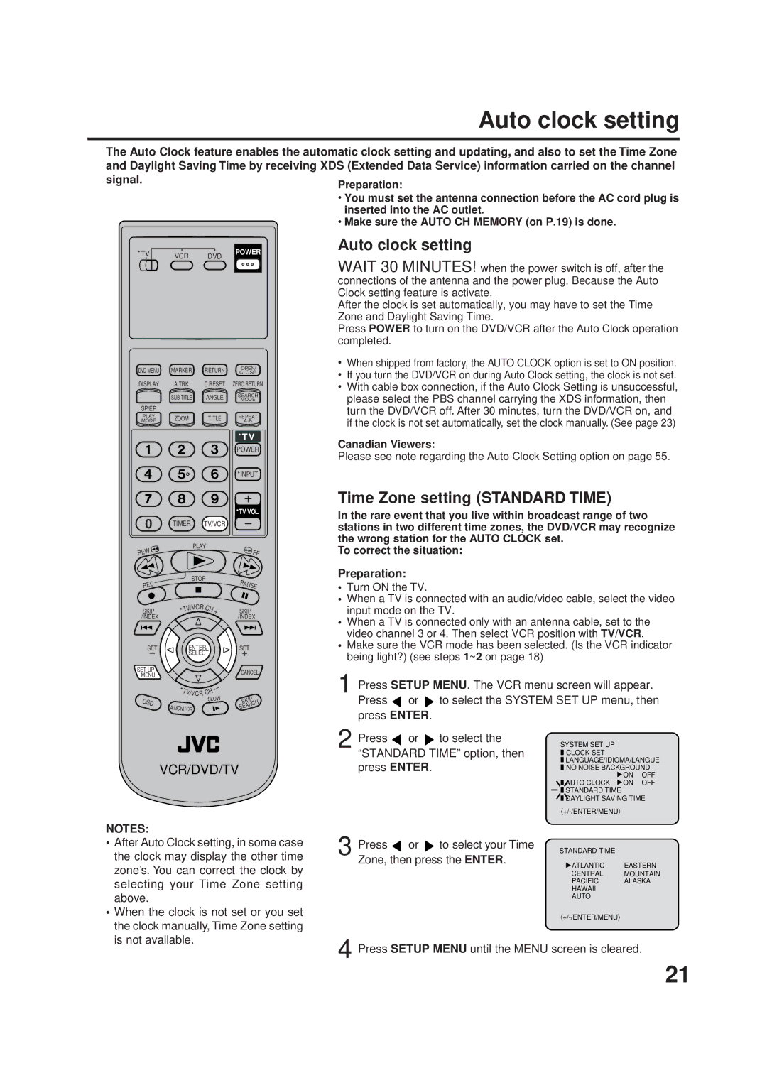 JVC HR-XVC1U manual Auto clock setting, Standard Time option, then, Press Enter, Press To select your Time 