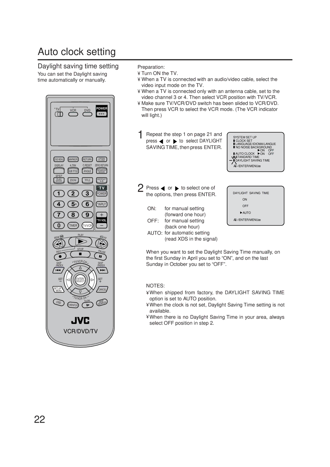 JVC HR-XVC1U Auto clock setting, Daylight saving time setting, Press To select Daylight, Saving TIME, then press Enter 