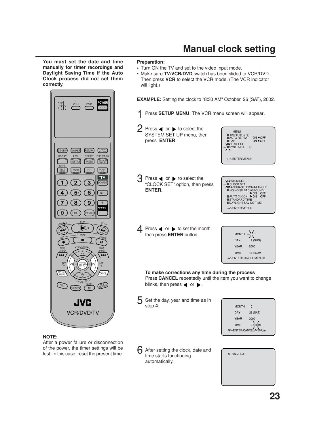 JVC HR-XVC1U manual Manual clock setting, To make corrections any time during the process 