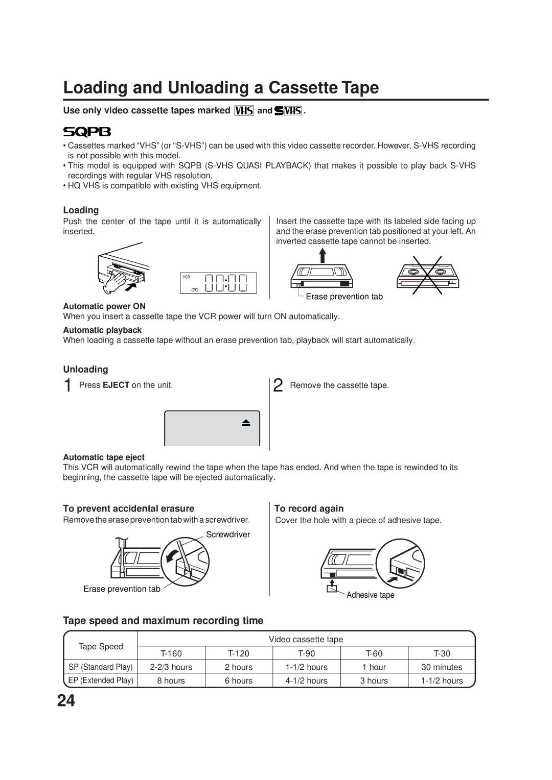 JVC HR-XVC1U manual Loading and Unloading a Cassette Tape 