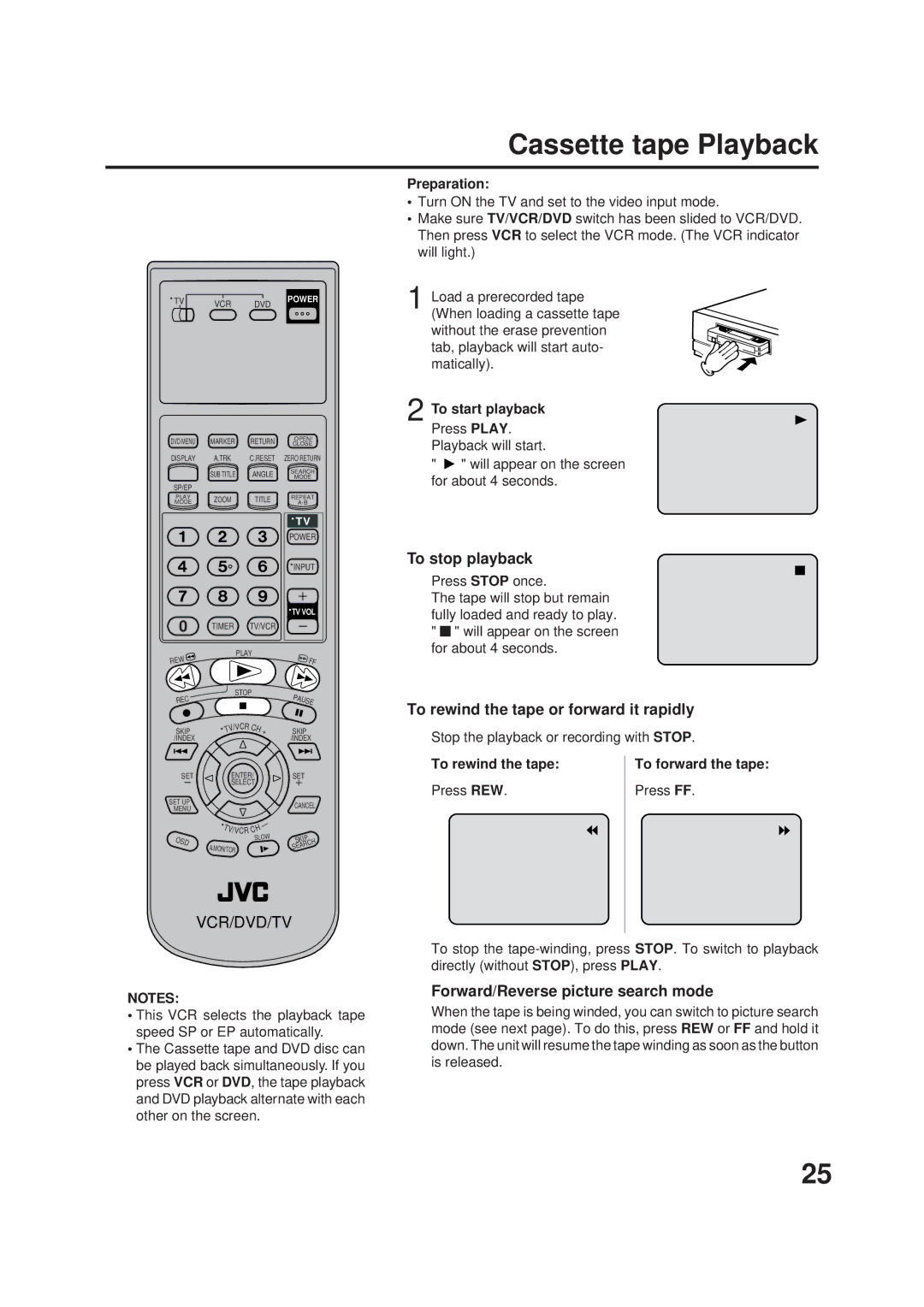 JVC HR-XVC1U manual Cassette tape Playback, To stop playback, To rewind the tape or forward it rapidly 