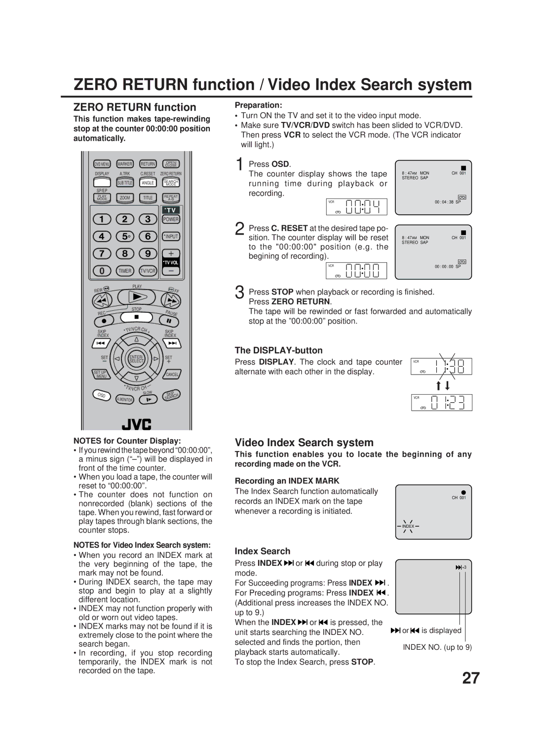 JVC HR-XVC1U manual Zero Return function / Video Index Search system, DISPLAY-button 