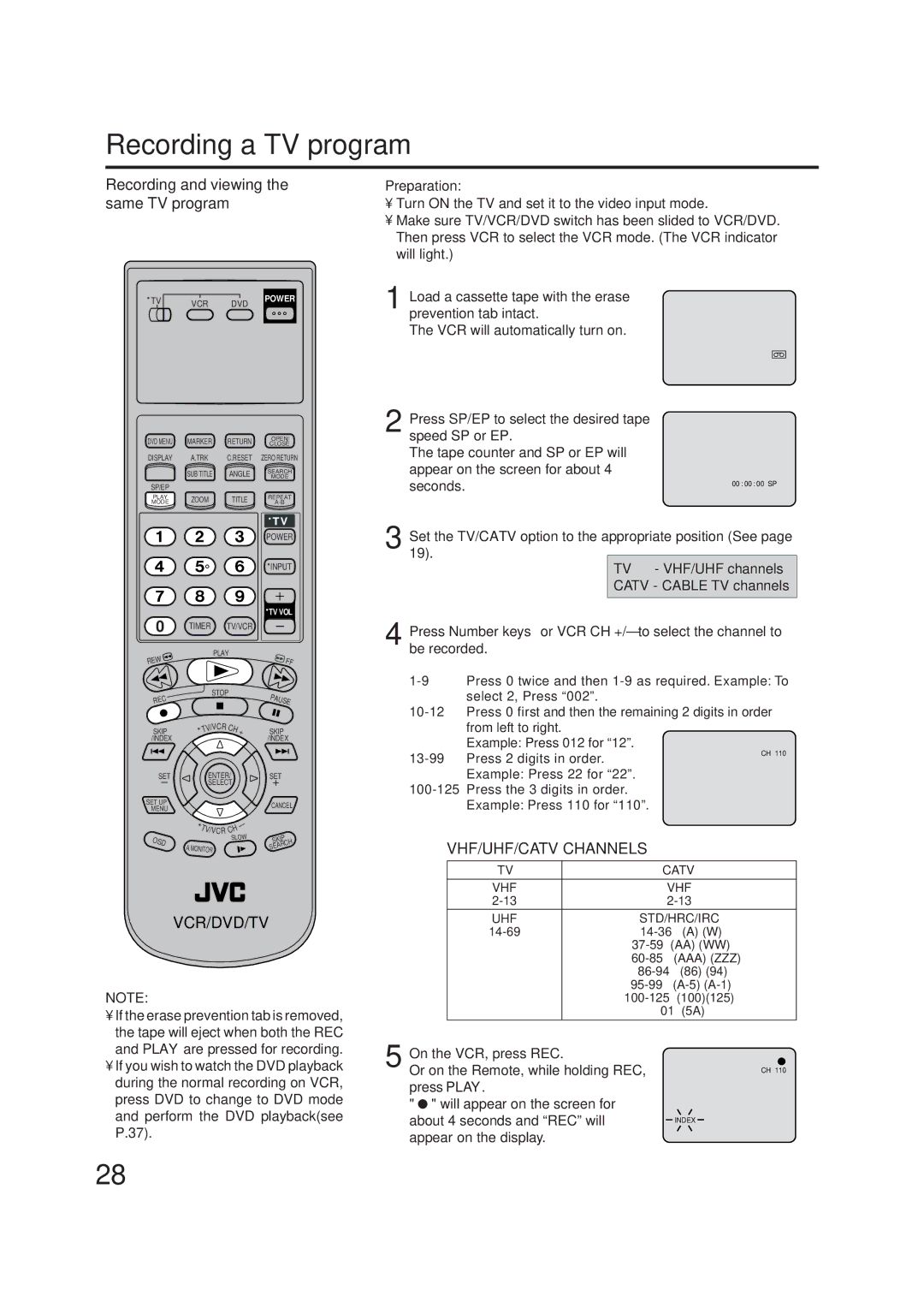 JVC HR-XVC1U manual Recording a TV program, Recording and viewing the same TV program, Appear on the display 